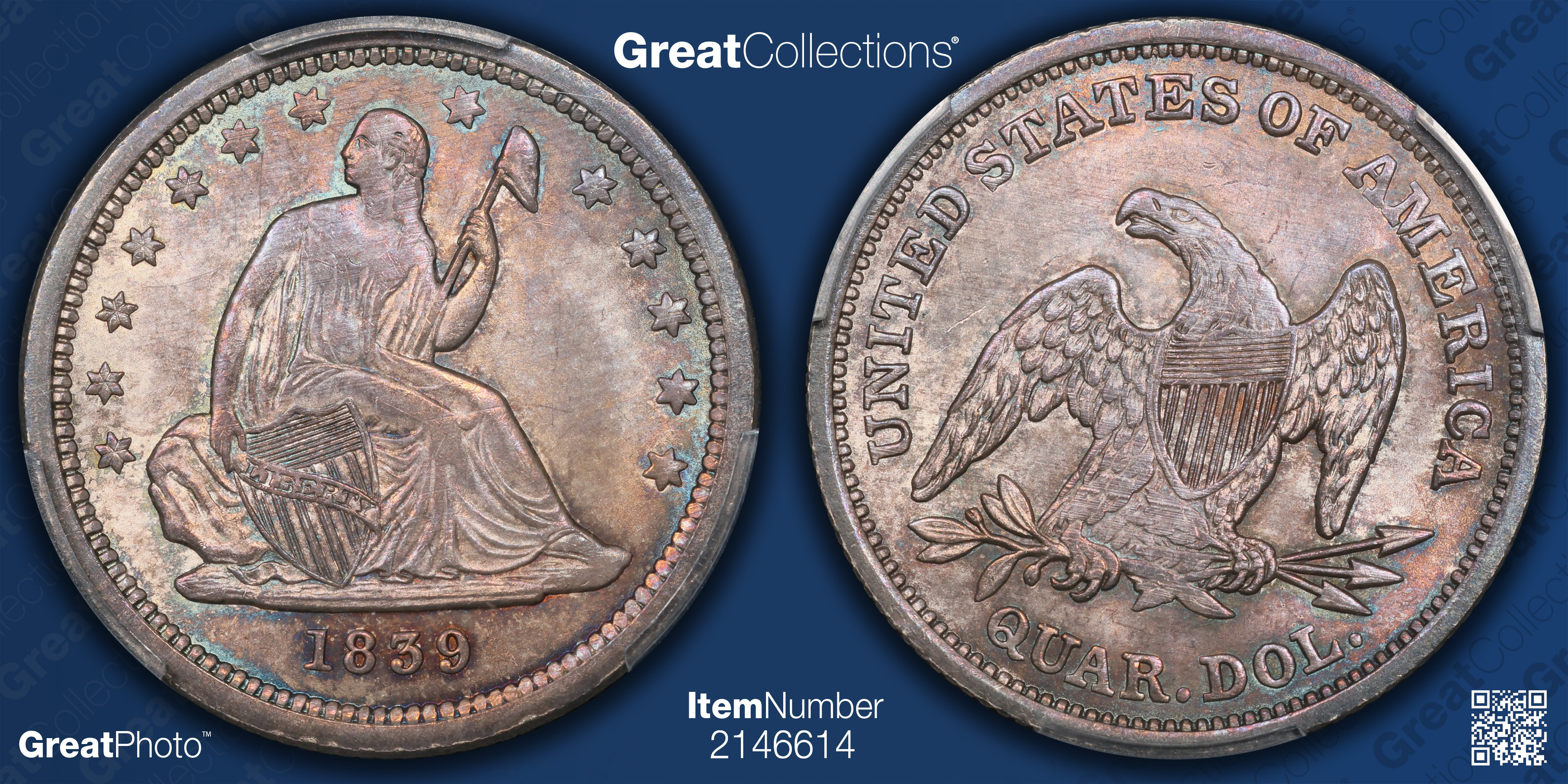 コレクション 1839 G.BRITAIN 3P MS 64 1839 Seated Liberty Quarter No Drapery PCGS MS-64+ (CAC Green