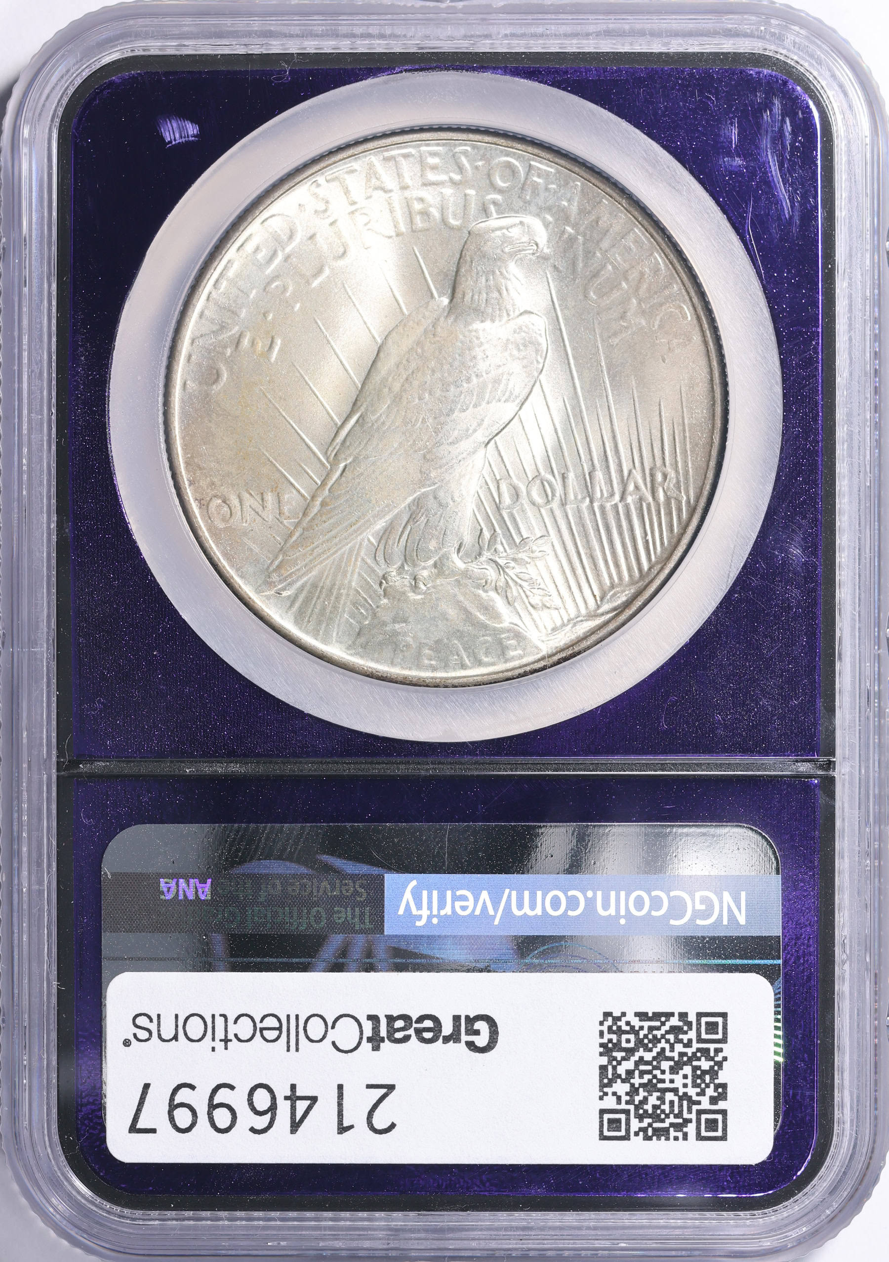 1934 Peace Silver Dollar NGC MS-67+ (Purple Bee Frame Holder