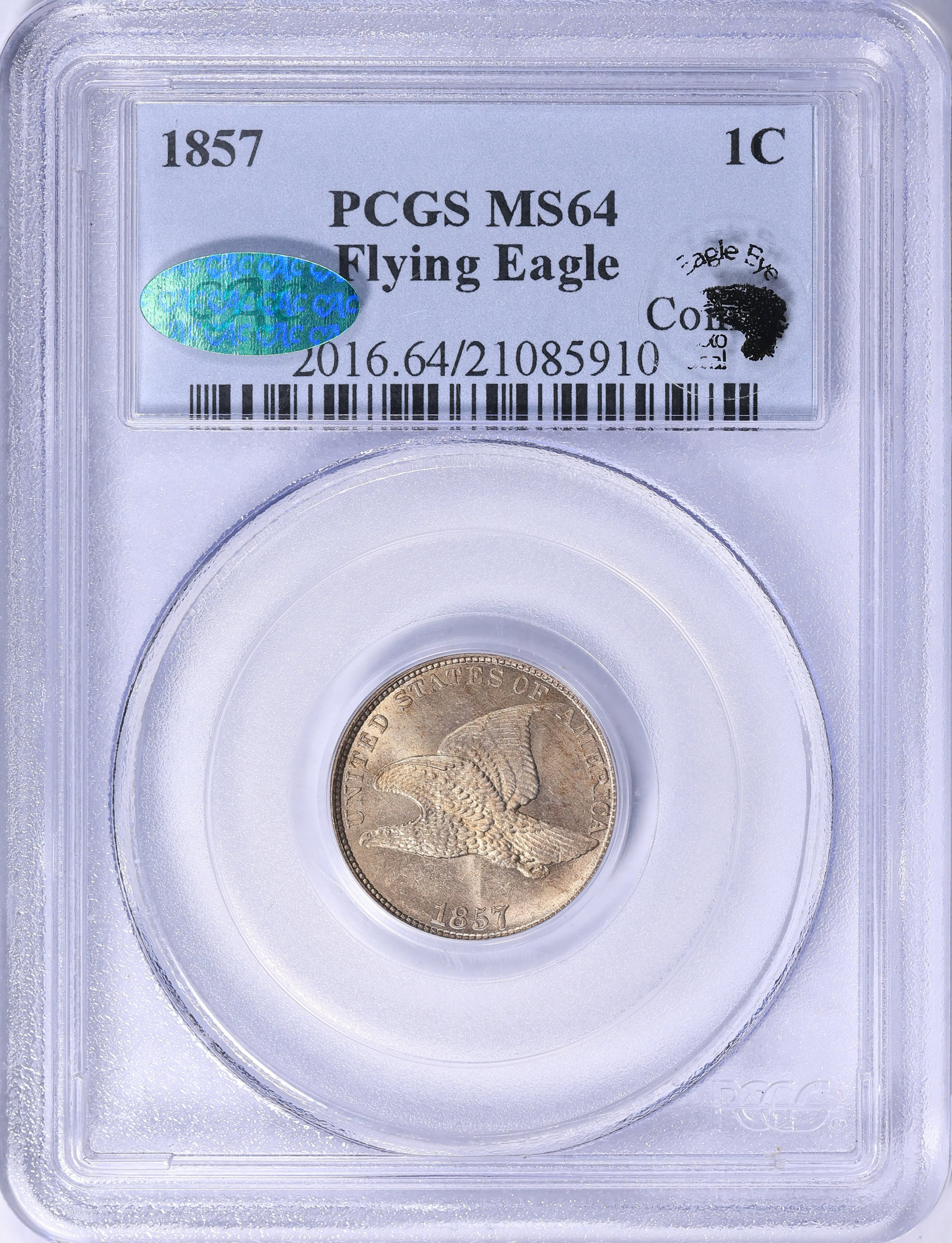 1857 Flying Eagle Cent PCGS MS-64 (CAC Green) (Eagle Eye Seal