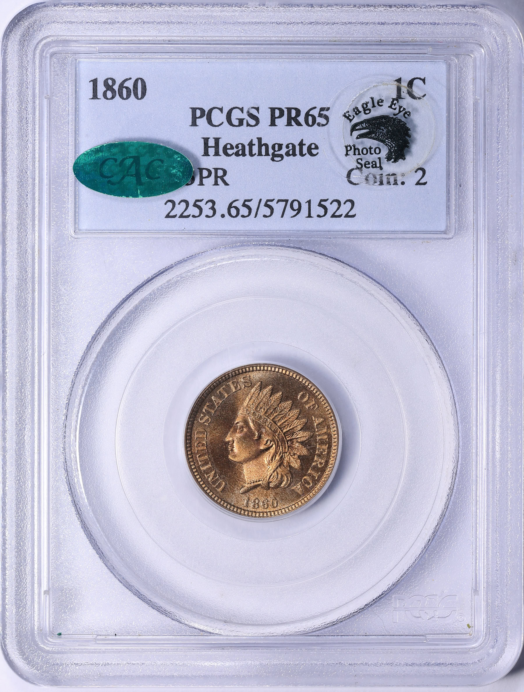 1860 Indian Cent PCGS Proof-65 (CAC Green) (Eagle Eye Seal