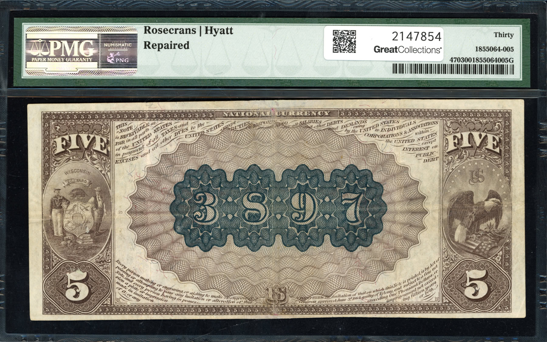 Fr. 470 Black River Falls, Wisconsin 1882 $5 Brown Back Note The First ...