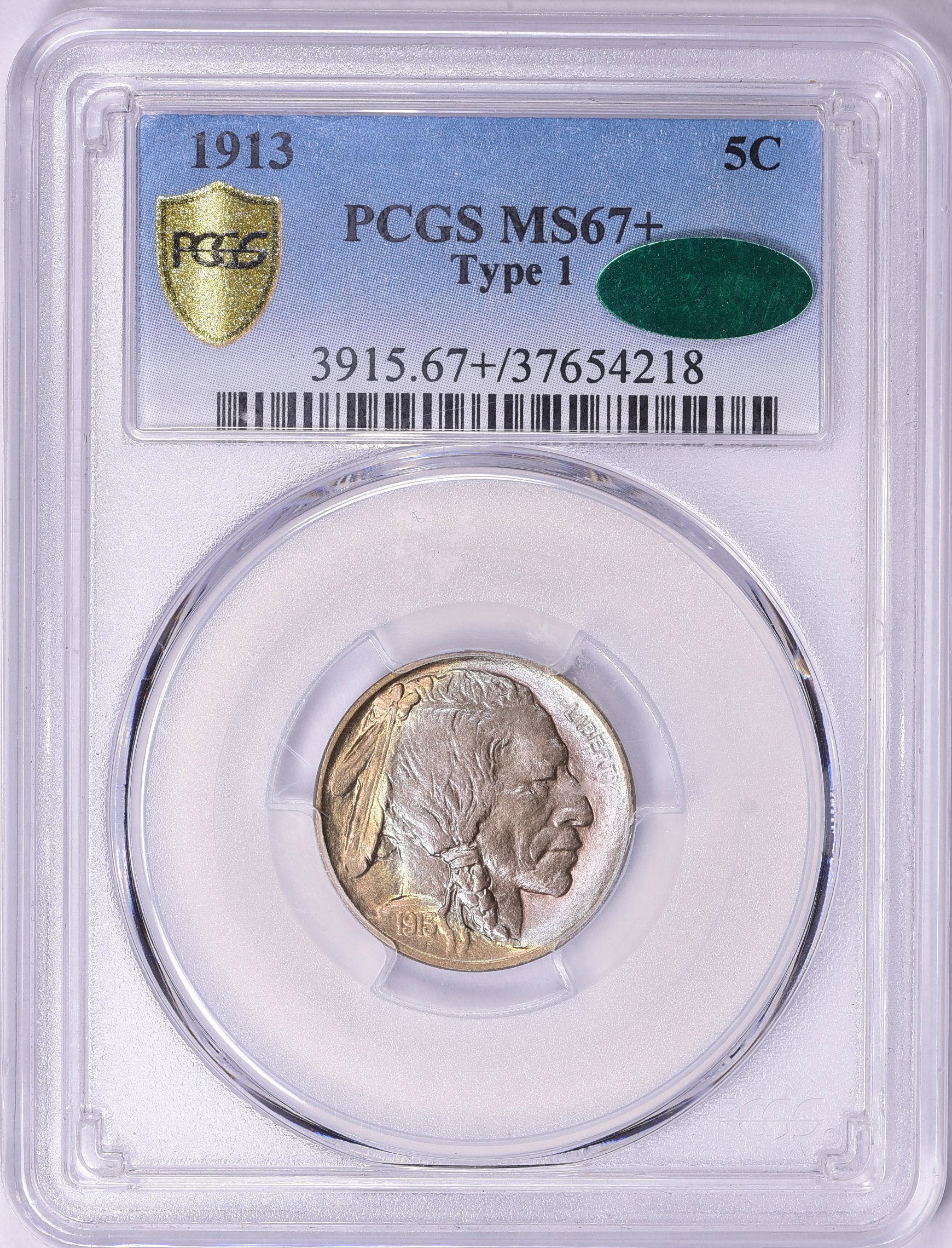 1913 Buffalo Nickel Type 1 PCGS MS-67+ (CAC Green) (Toned) (Item