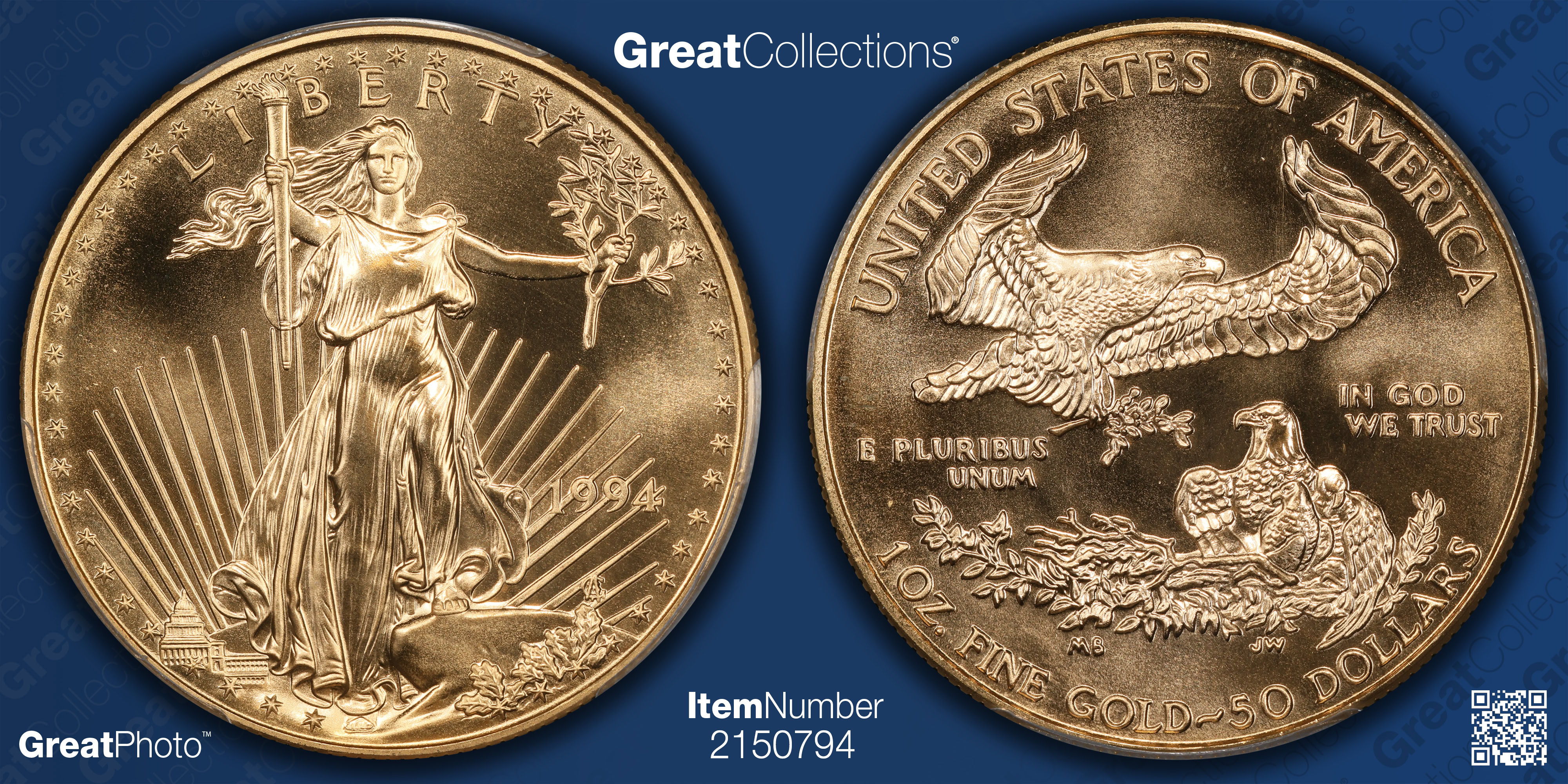 超レア！巨大BIG 70's〜ネイティブアメリカン イーグル鷲USAヴィンテージ 1994 $50 One-Ounce Gold American Eagle PCGS MS-70 PL (Mercanti