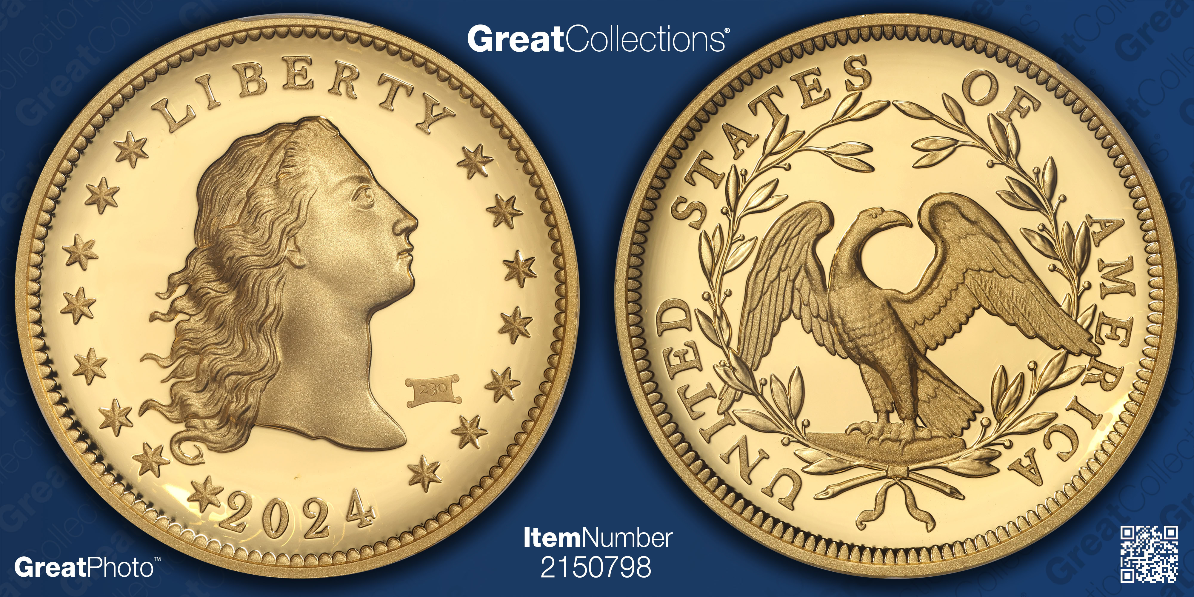 2024 Flowing Hair High Relief Gold Dollar 230th Anniversary Privy