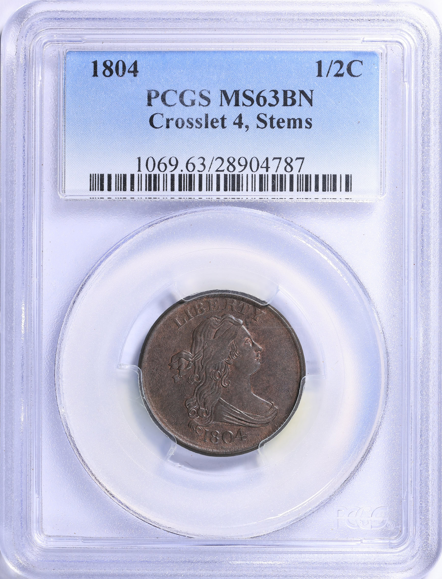 1804 Draped Bust Half Cent Crosslet 4, Stems PCGS MS-63 BN (Item ...