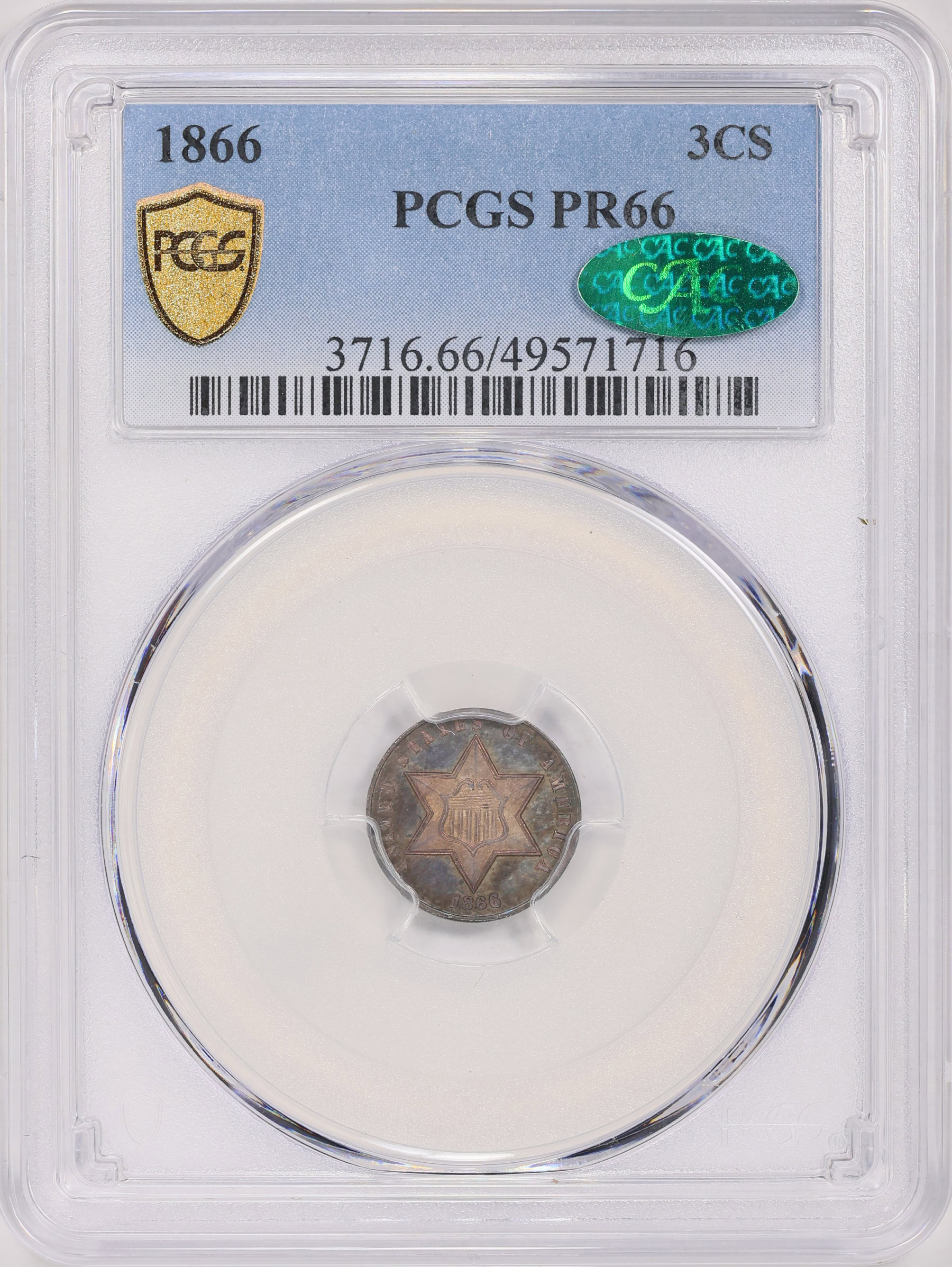 1866 Silver Three-Cent Piece PCGS Proof-66 (CAC Green) (Toned