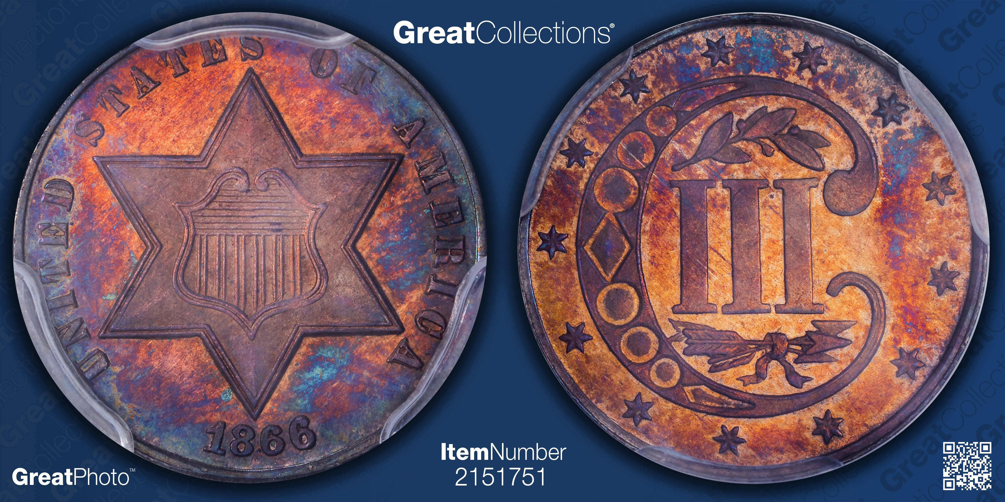 1866 Silver Three-Cent Piece PCGS Proof-66 (CAC Green) (Toned