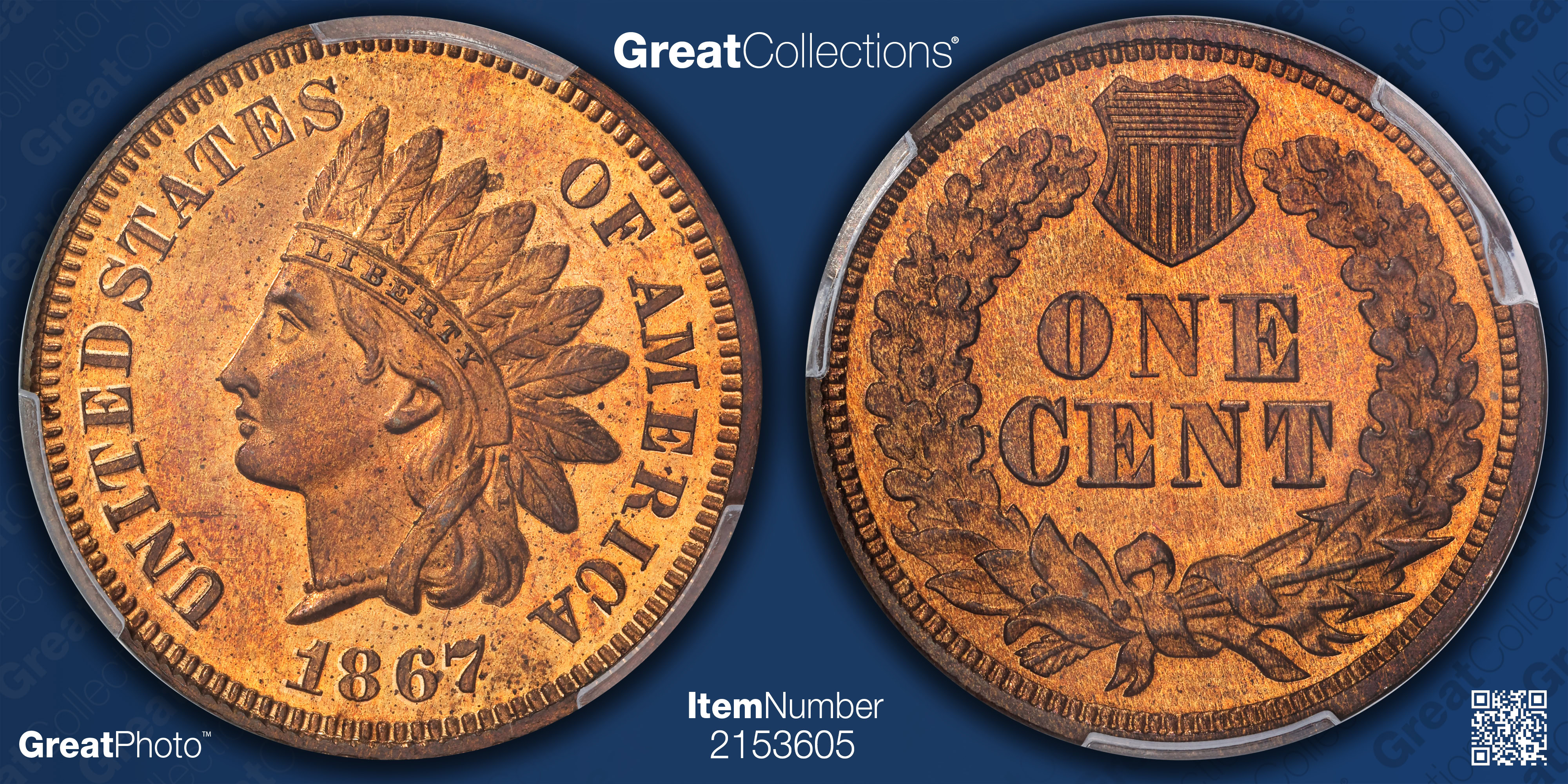 1867 Indian Cent PCGS Proof-65 RB (CAC Green) (Item 2153605