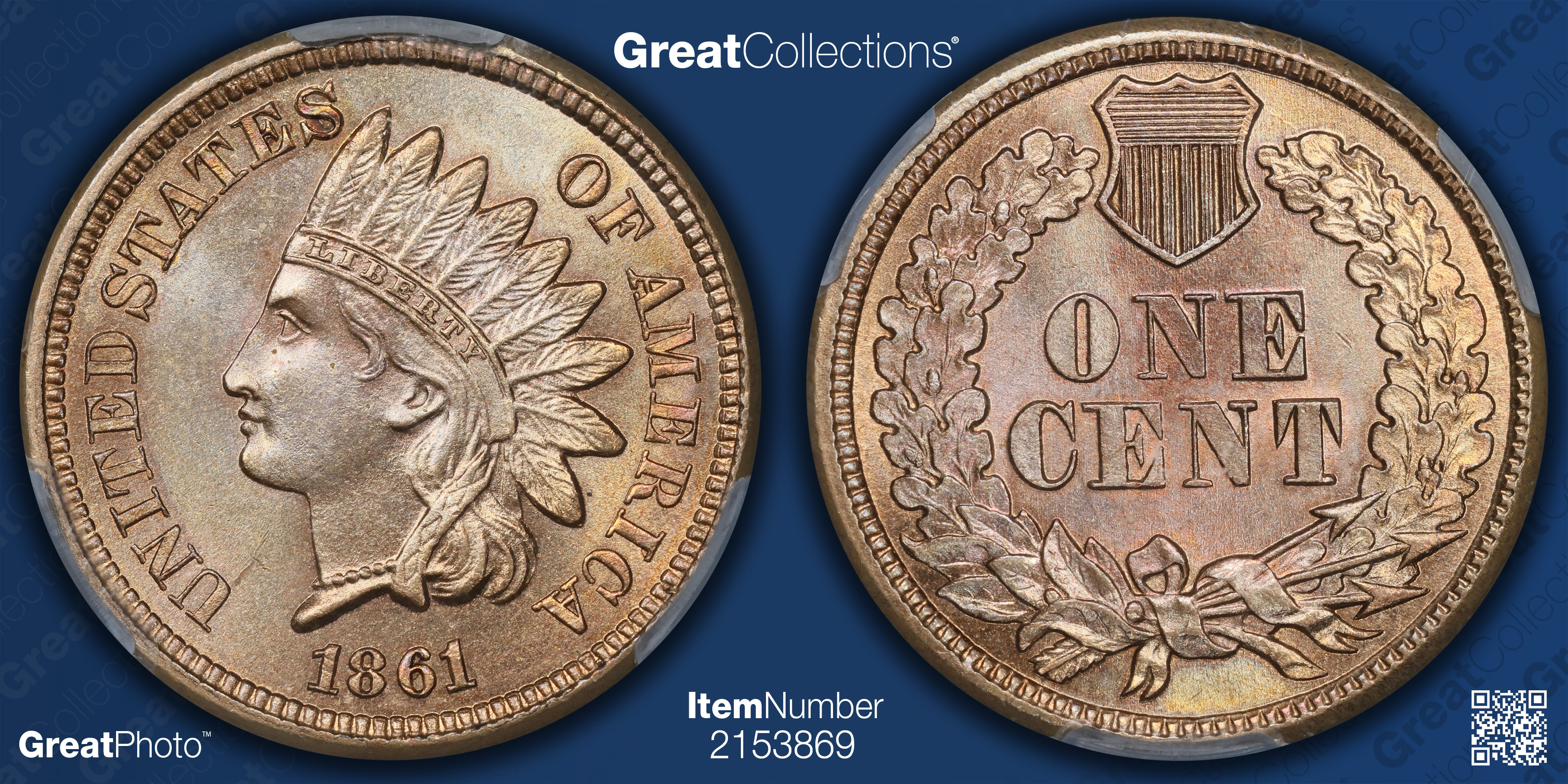1861 Indian Cent CACG MS-64+ (Item 2153869) | GreatCollections