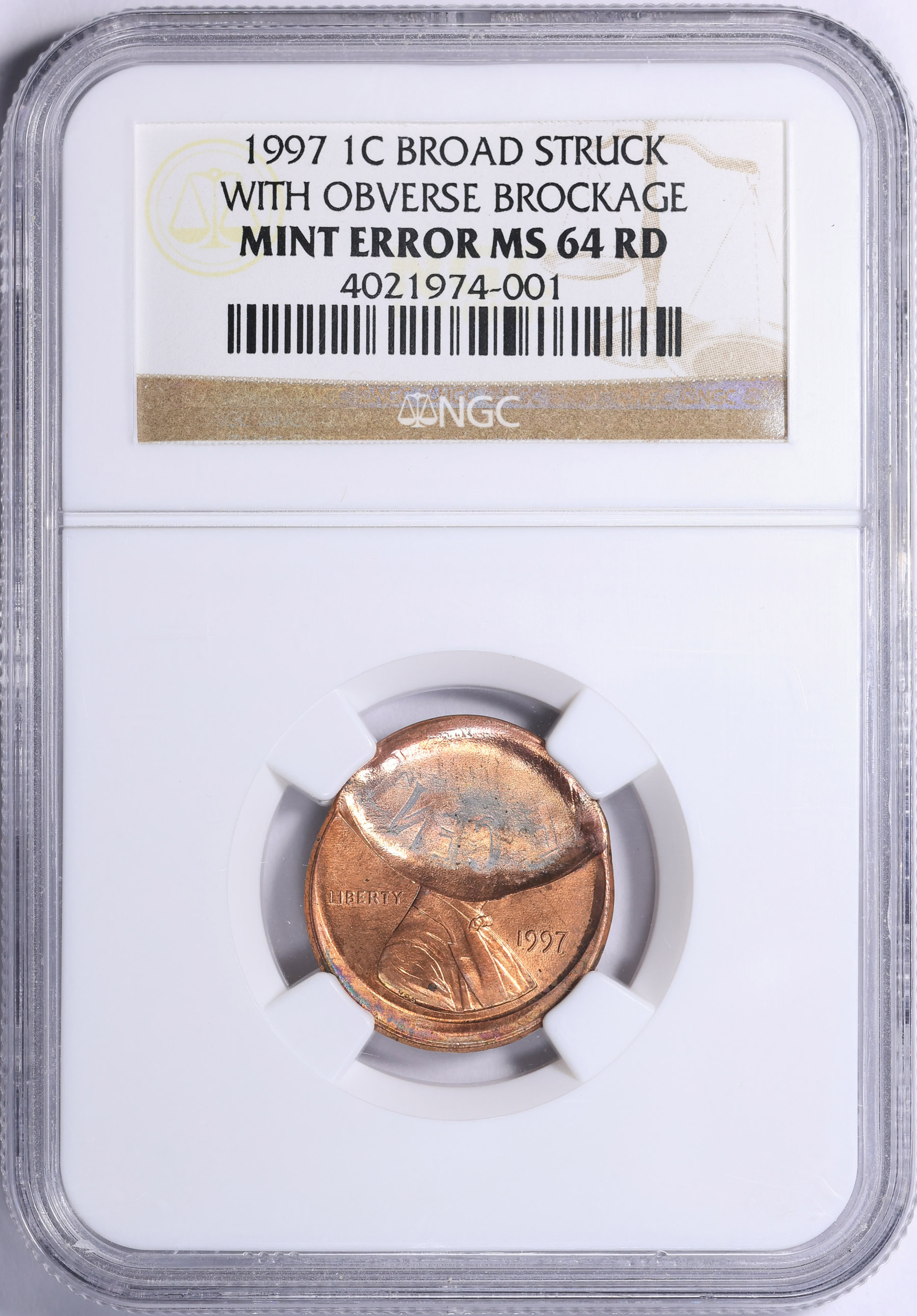 Mint Error 1997 Lincoln Cent Broad Struck with Obverse Brockage