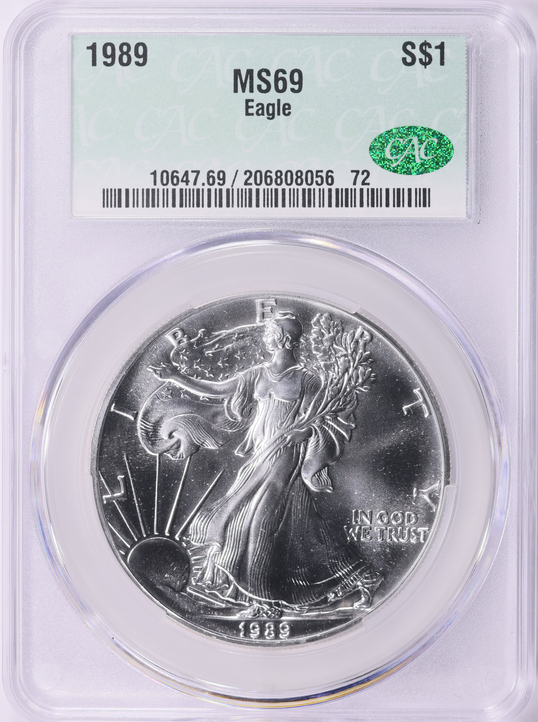 1989 $1 Silver Eagle CACG MS-69 (Item 2157117) | GreatCollections