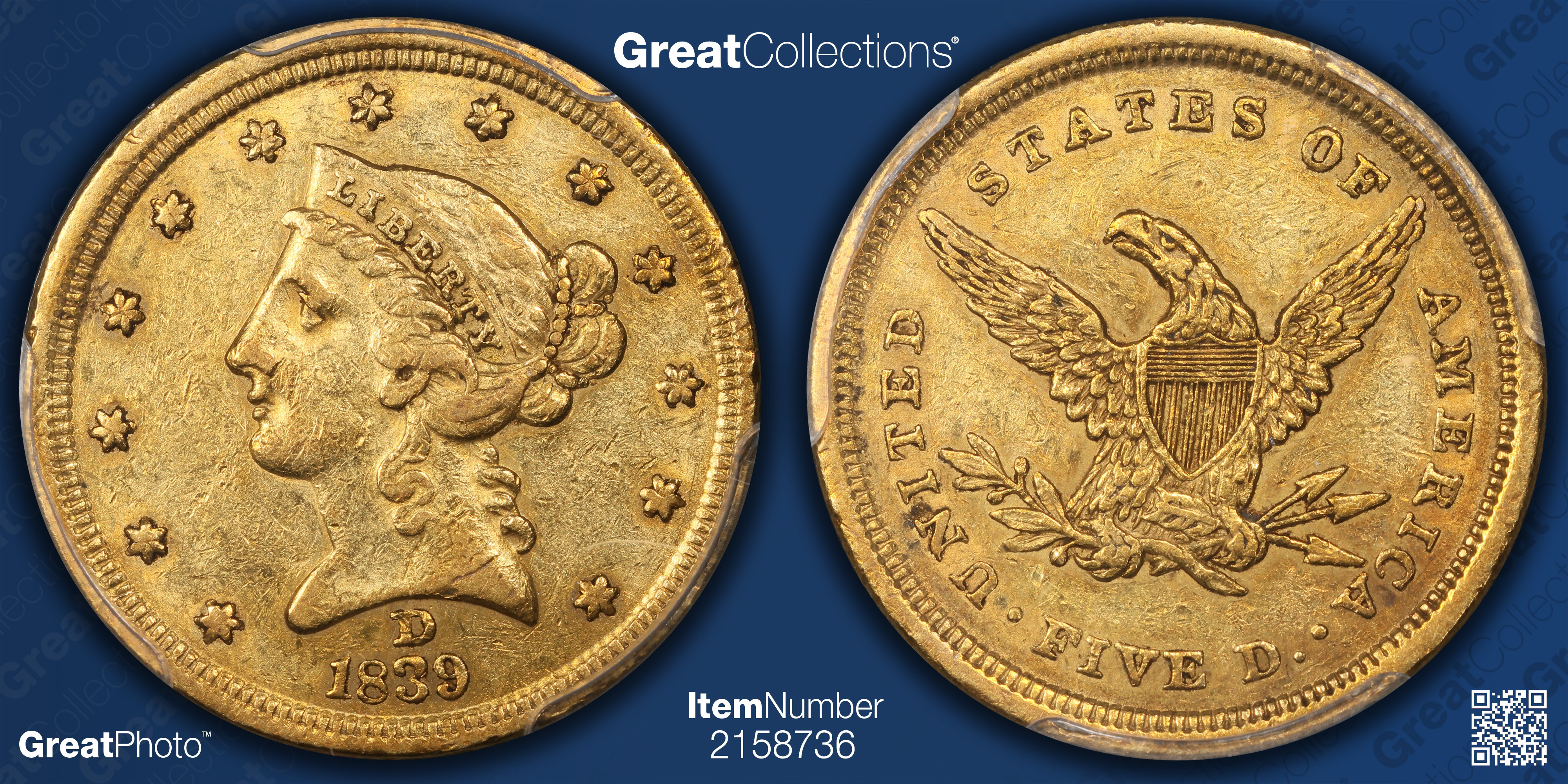 1839-D Liberty Gold Half Eagle PCGS AU-53 (Item 2158736