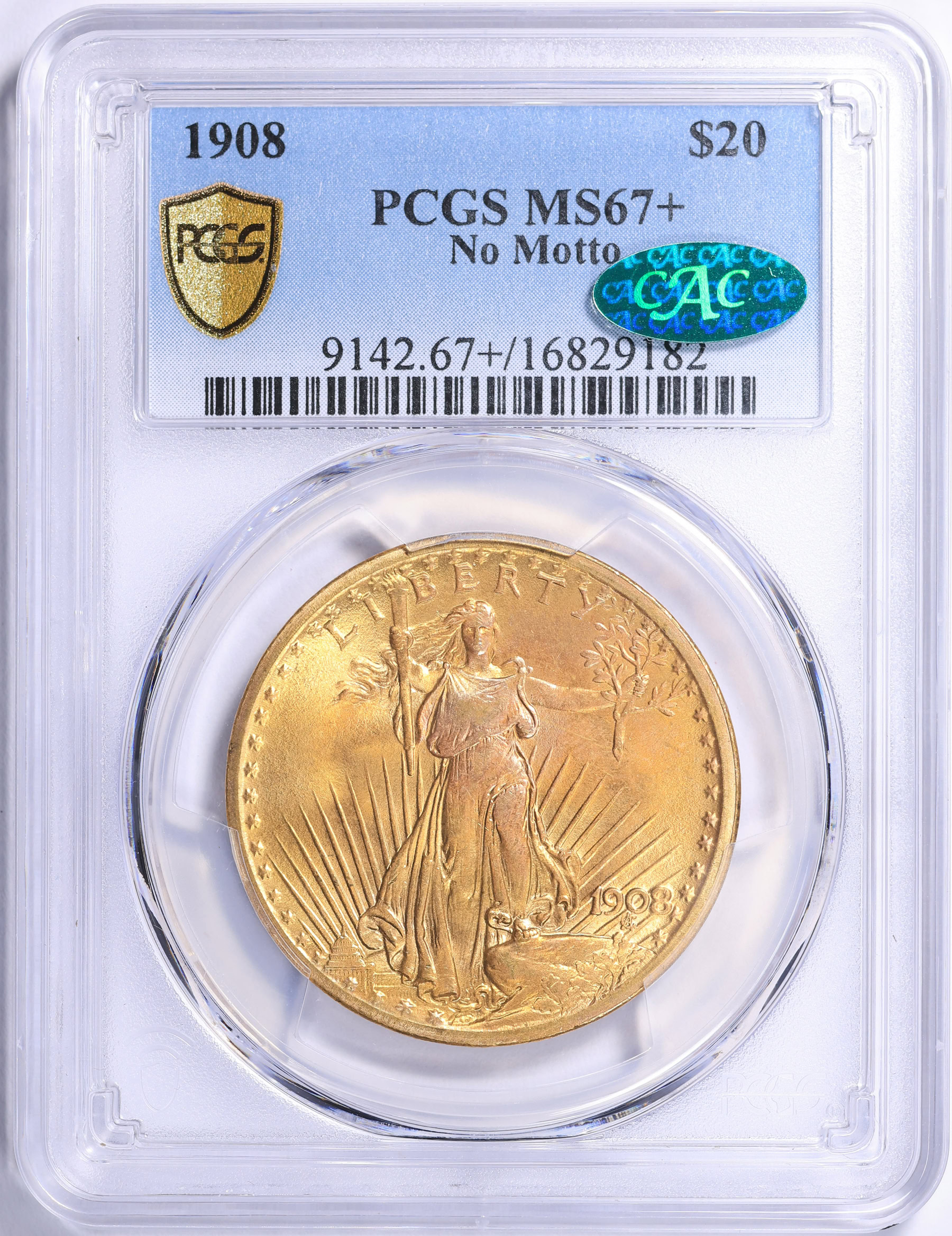 1908 Saint-Gaudens Gold Double Eagle No Motto PCGS MS-67+ (CAC