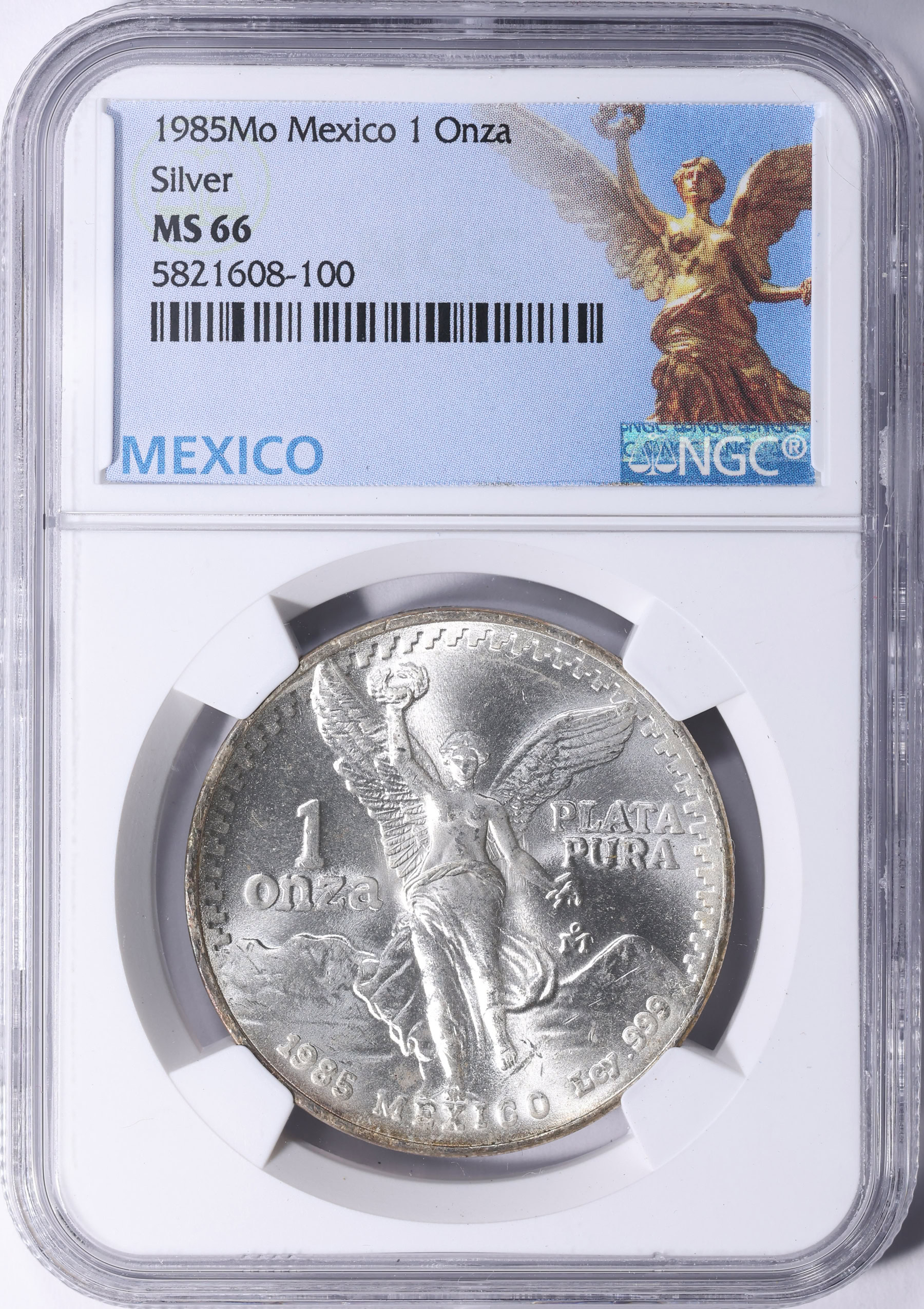Mexico 1985-Mo Silver Onza Libertad KM-494.1 NGC MS-66 (Toned