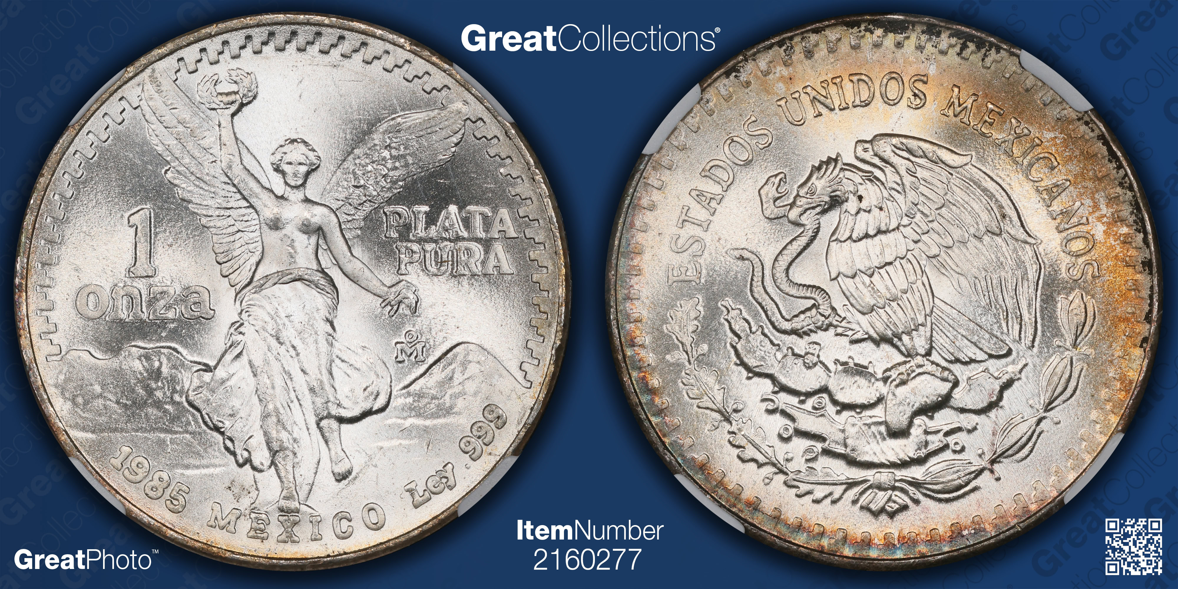 Mexico 1985-Mo Silver Onza Libertad KM-494.1 NGC MS-66 (Toned