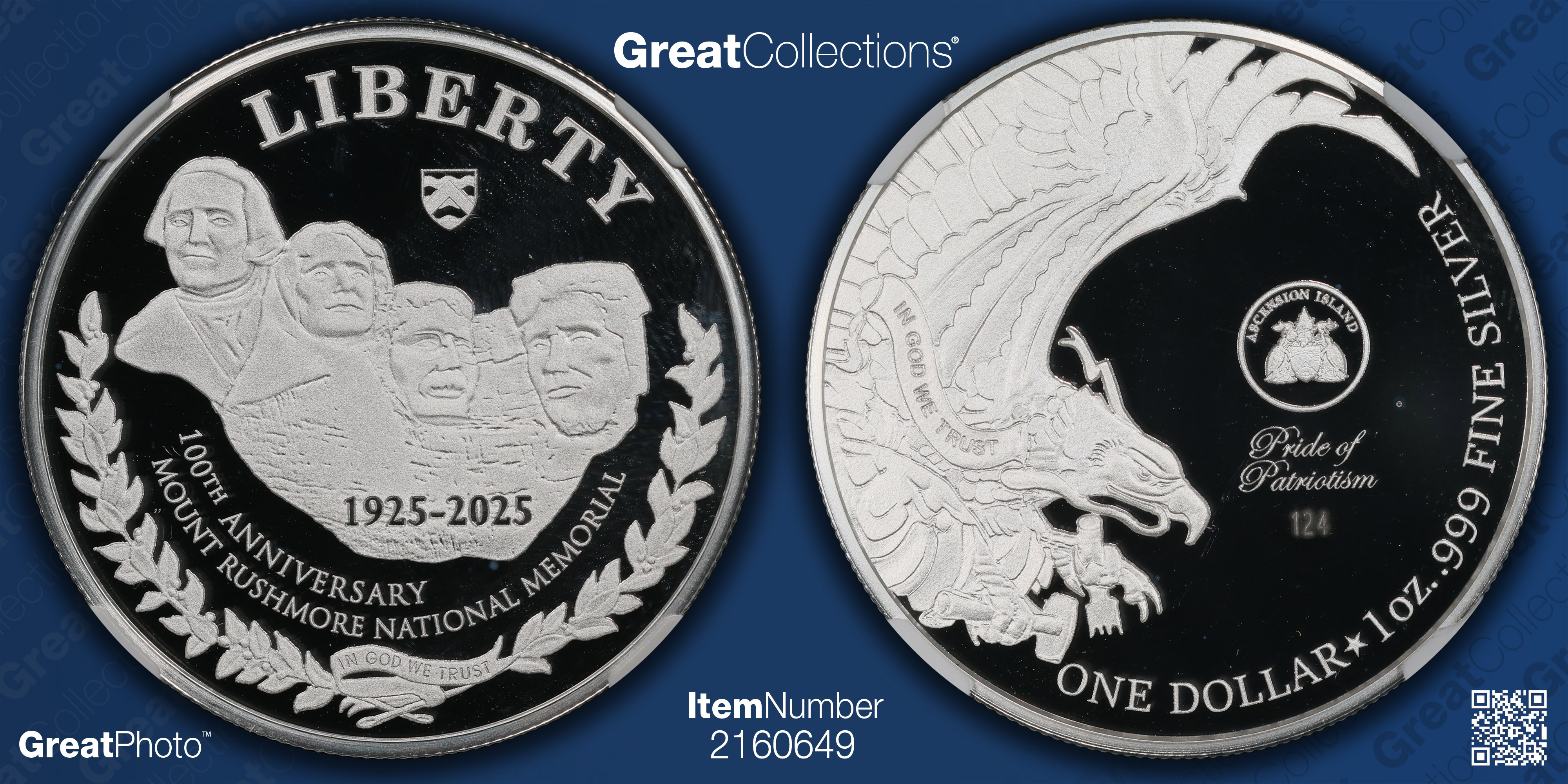 Ascension Island 2025 Silver Dollar Mt. Rushmore 100th Anniversary