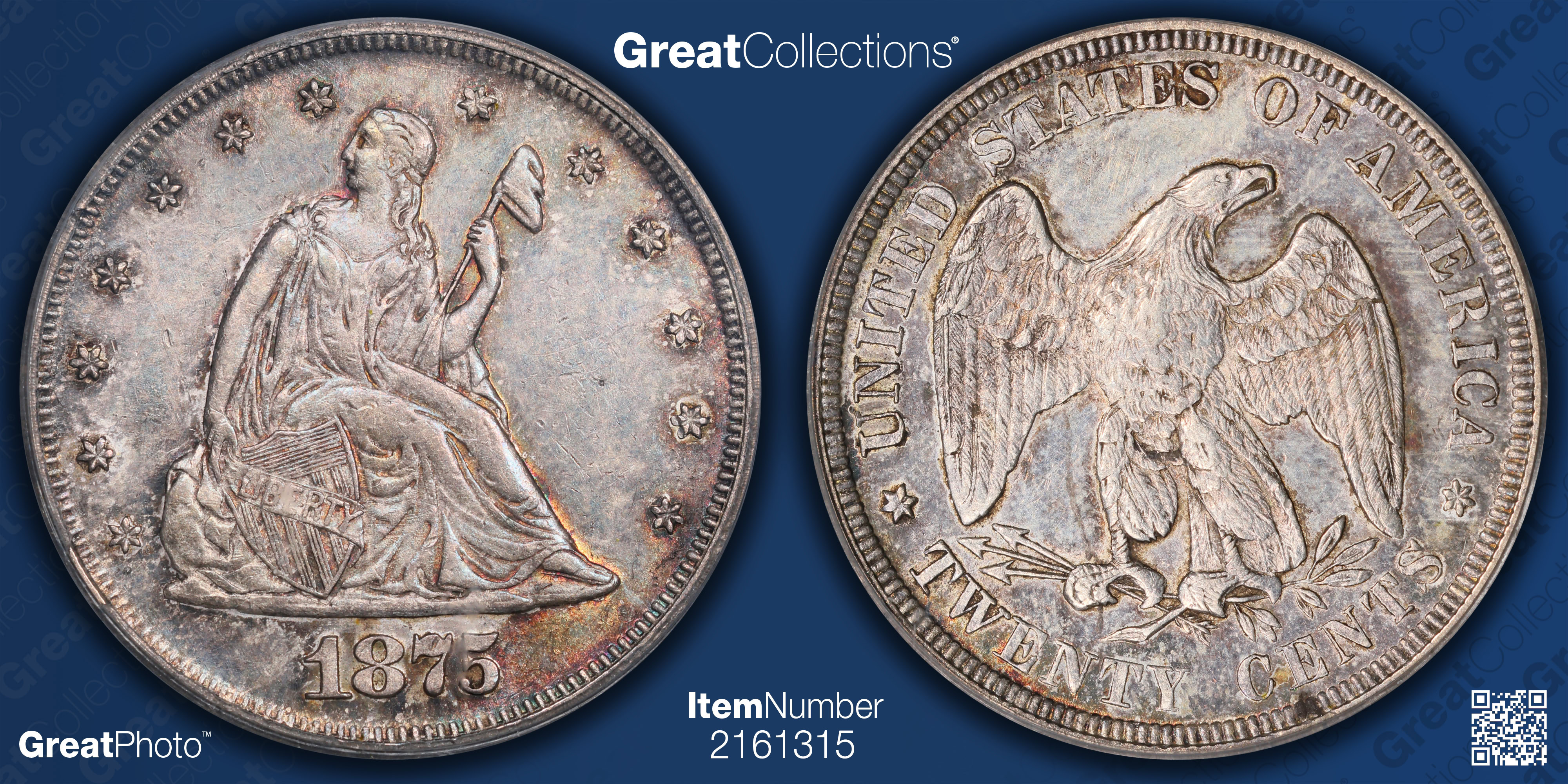 1875 Twenty-Cent Piece PCGS AU-58 (Toned) (Item 2161315