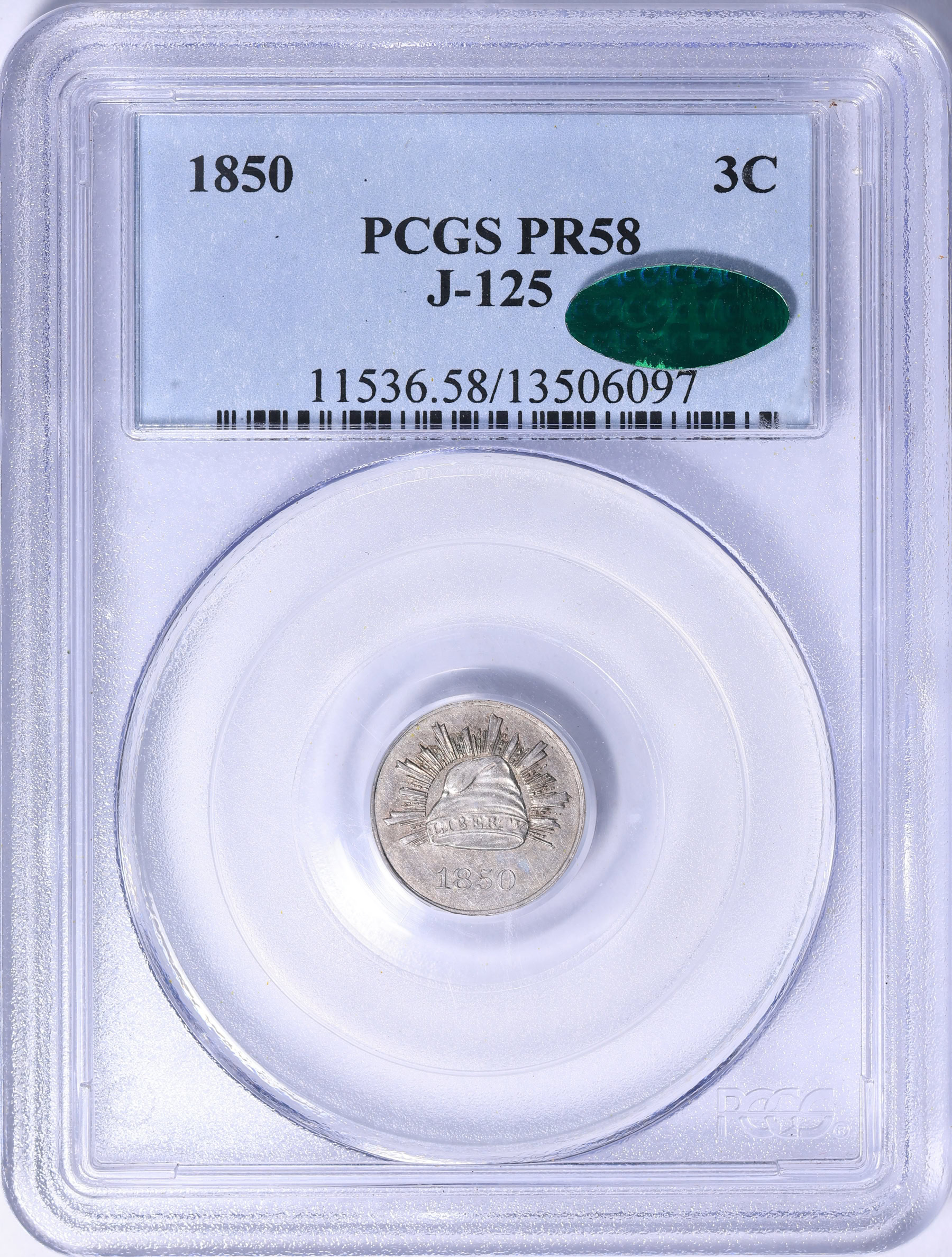 コレクション MILK NGC PCGS Pattern 1850 3c J-125 PCGS Proof-58 (CAC Green) (Item 2161328