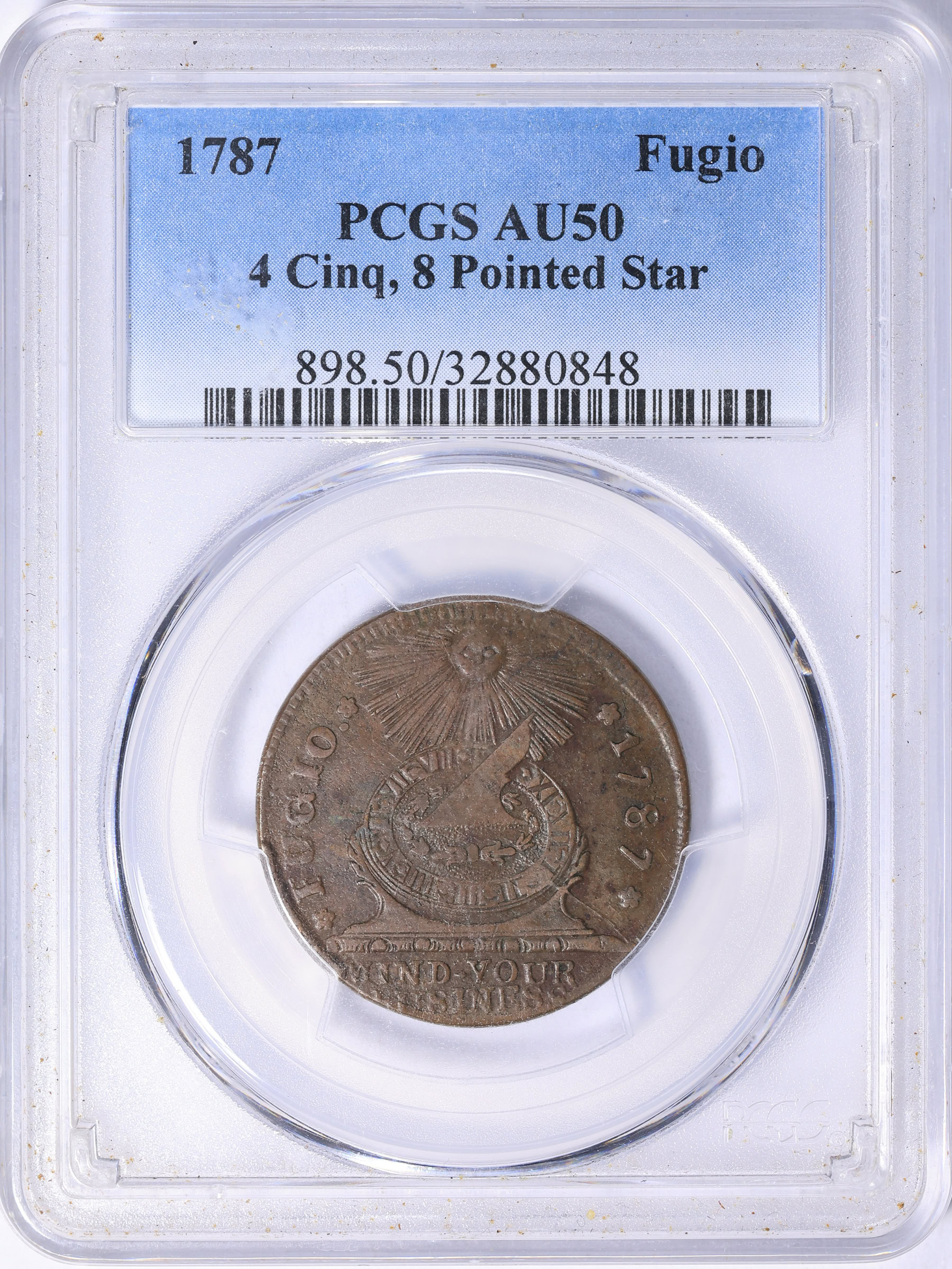 1787 Fugio Cent 4 Cinq, 8 Ptd Stars PCGS AU-50 BN (Item 2161579 ...