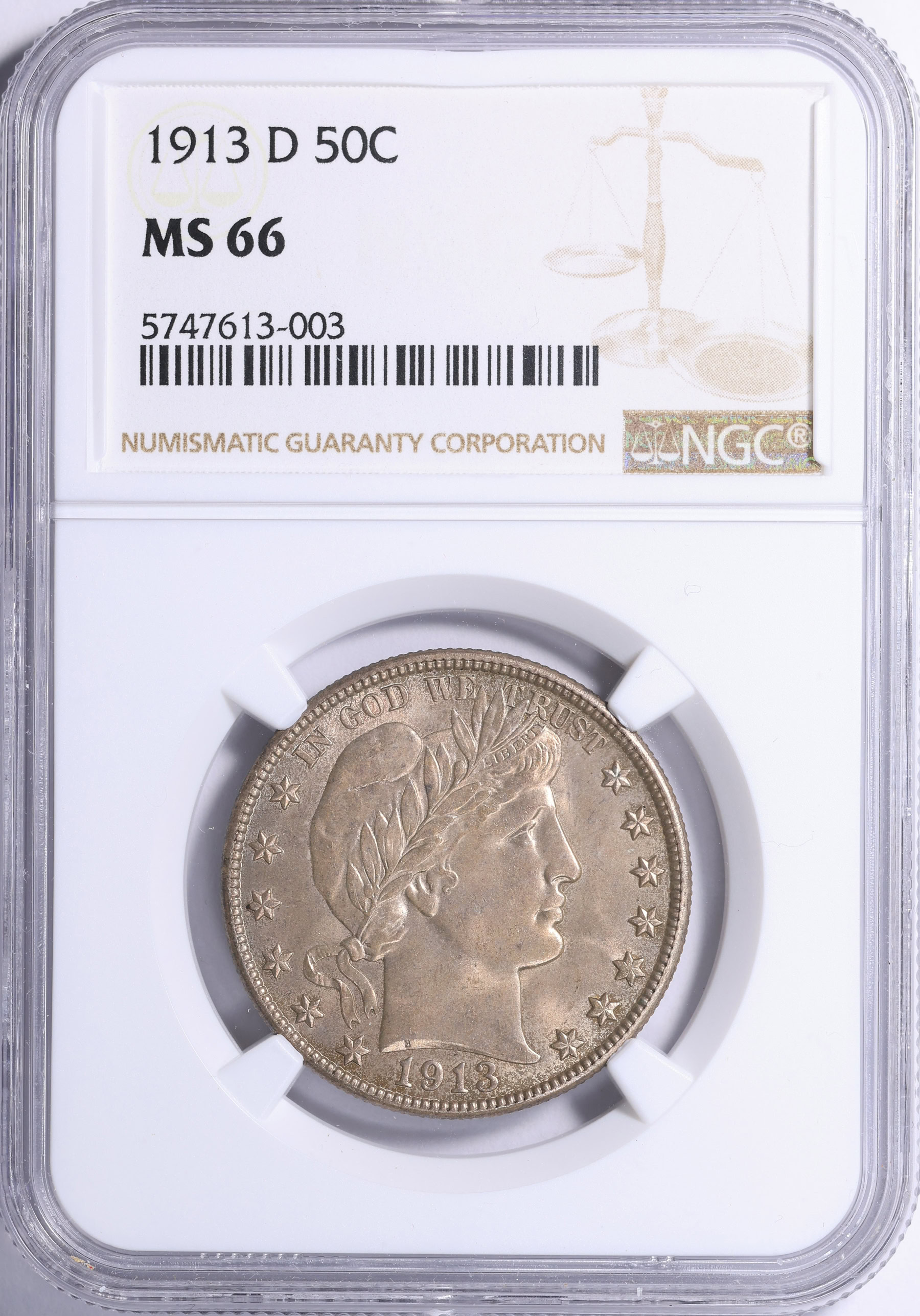1913-D Barber Half Dollar NGC MS-66 (Toned) (Item 2162021