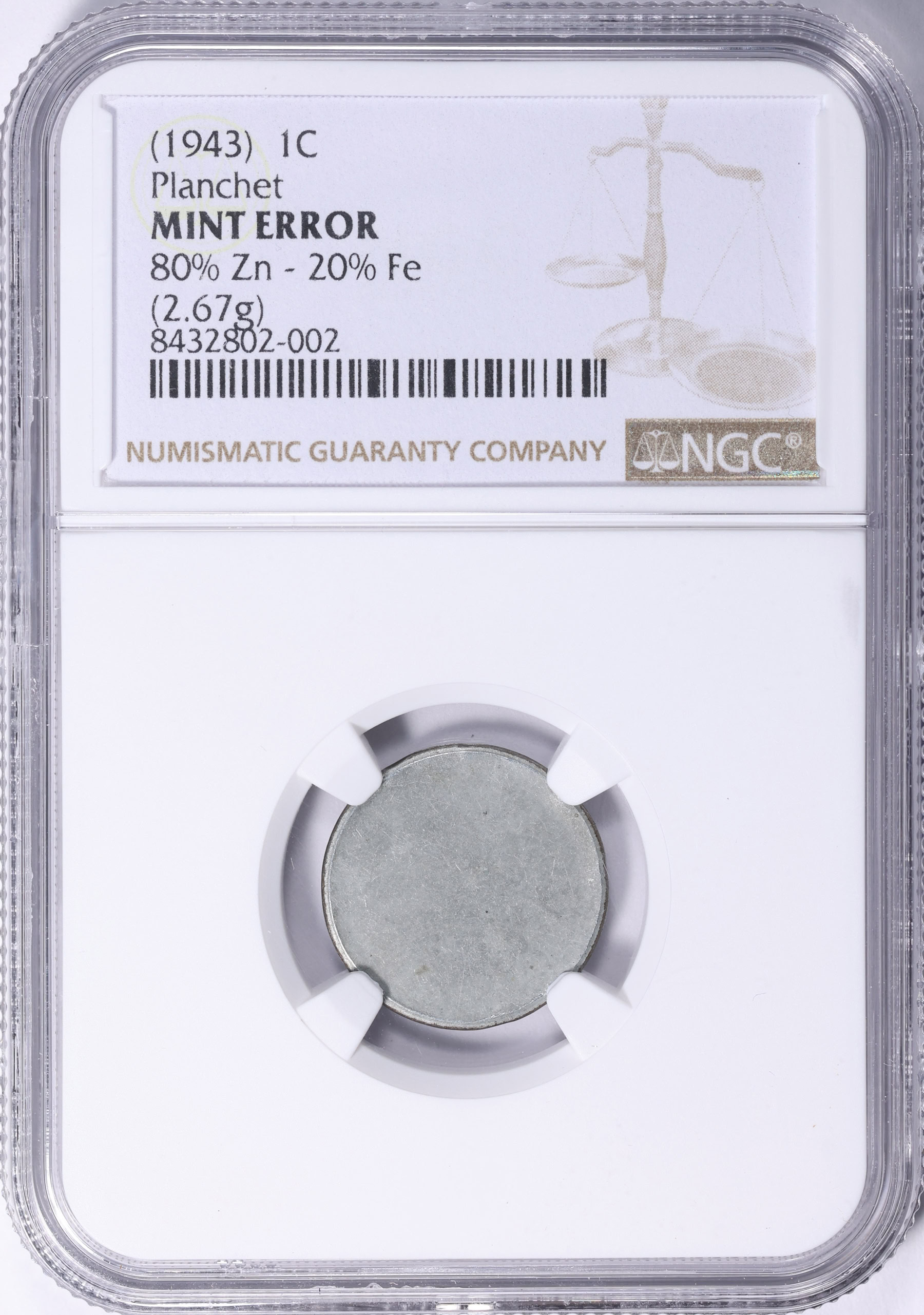 Mint Error ND (1943) Lincoln Cent Planchet 80% Zinc, 20% Iron NGC