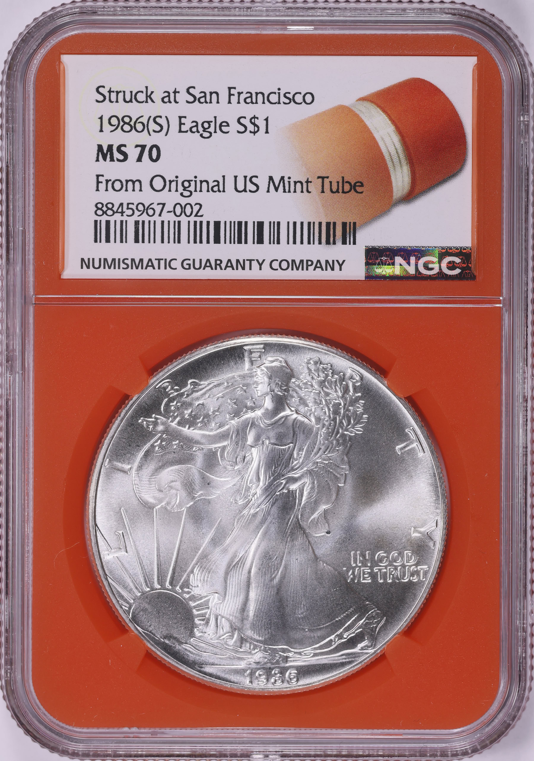 1986-(S) $1 Silver Eagle Struck at San Francisco NGC MS-70 (Orange