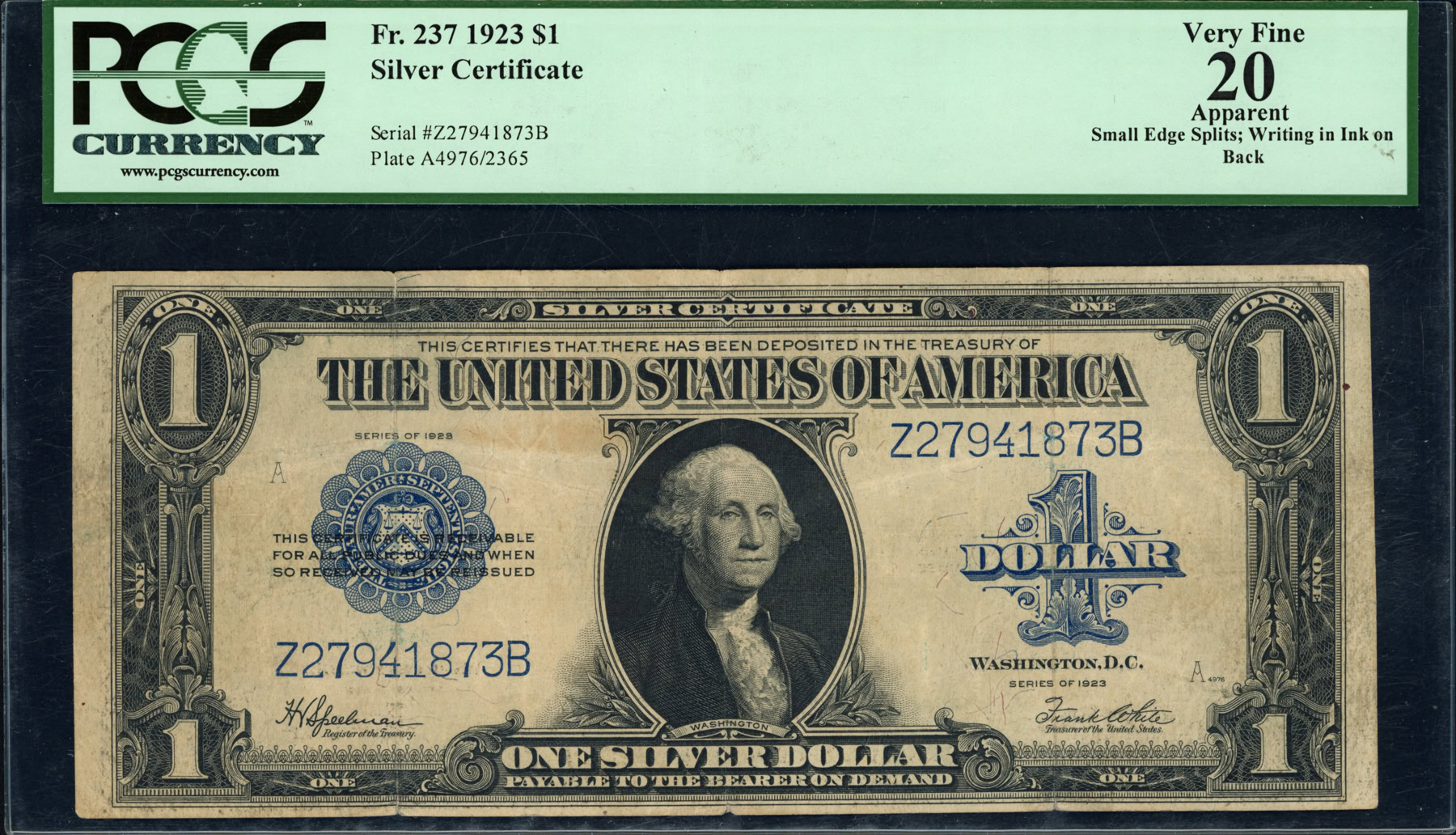 Fr. 237 1923 $1 Silver Certificate Note Speelman / White PCGS