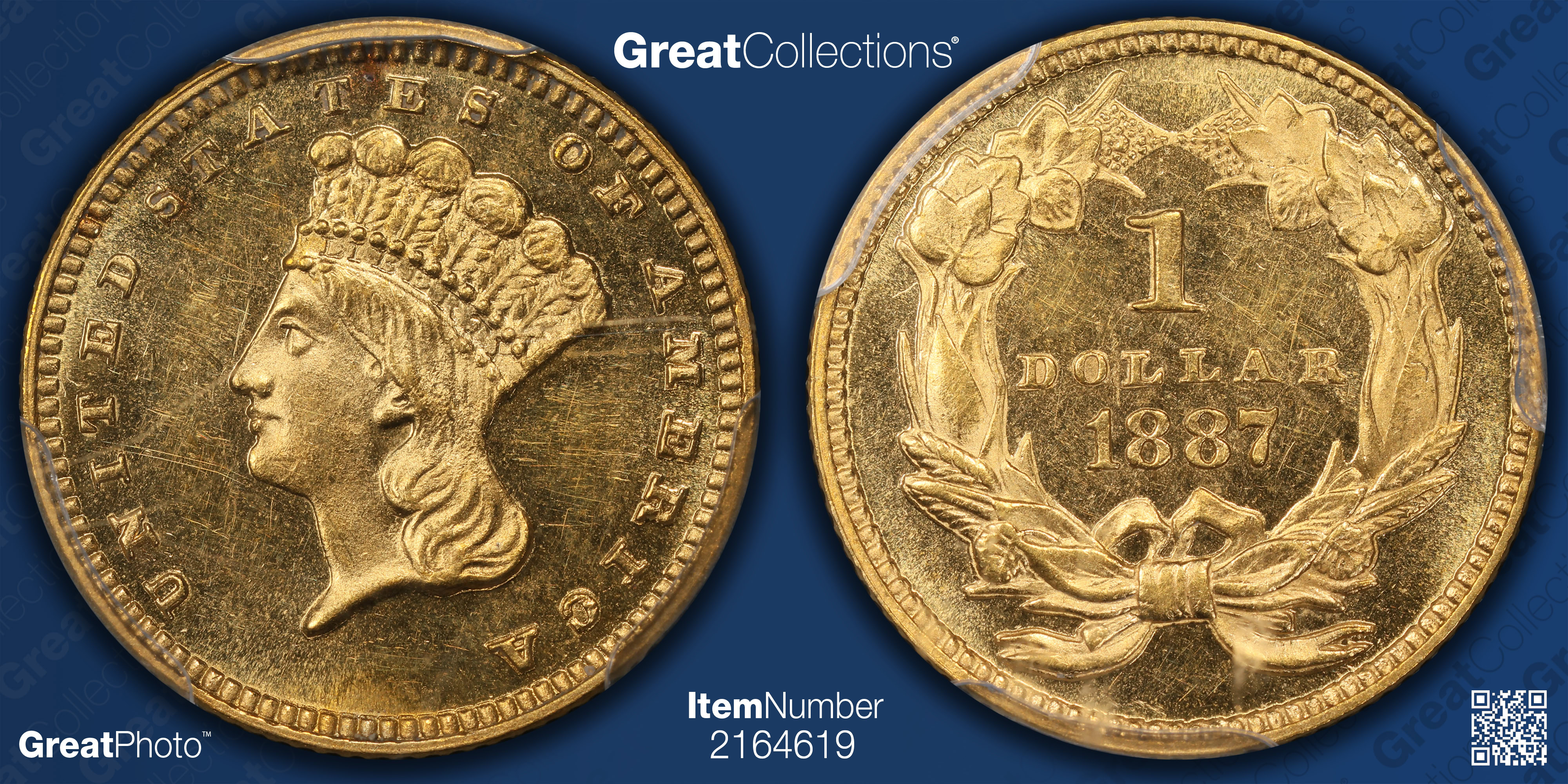 1887 Indian Princess Gold Dollar JD-1, Centered Date PCGS Proof-63