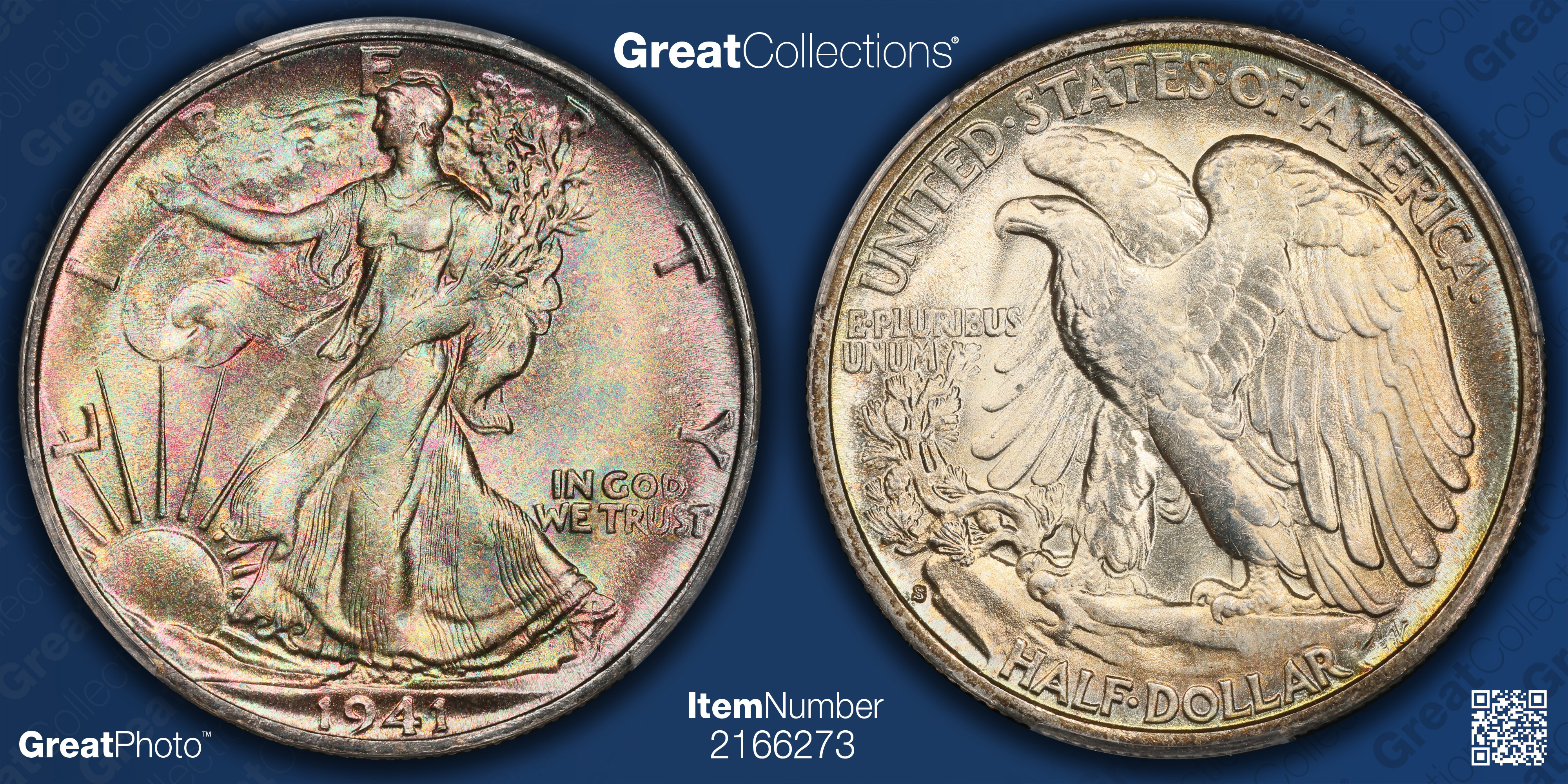1941-S Walking Liberty Half Dollar PCGS MS-66+ (CAC Green) (Toned