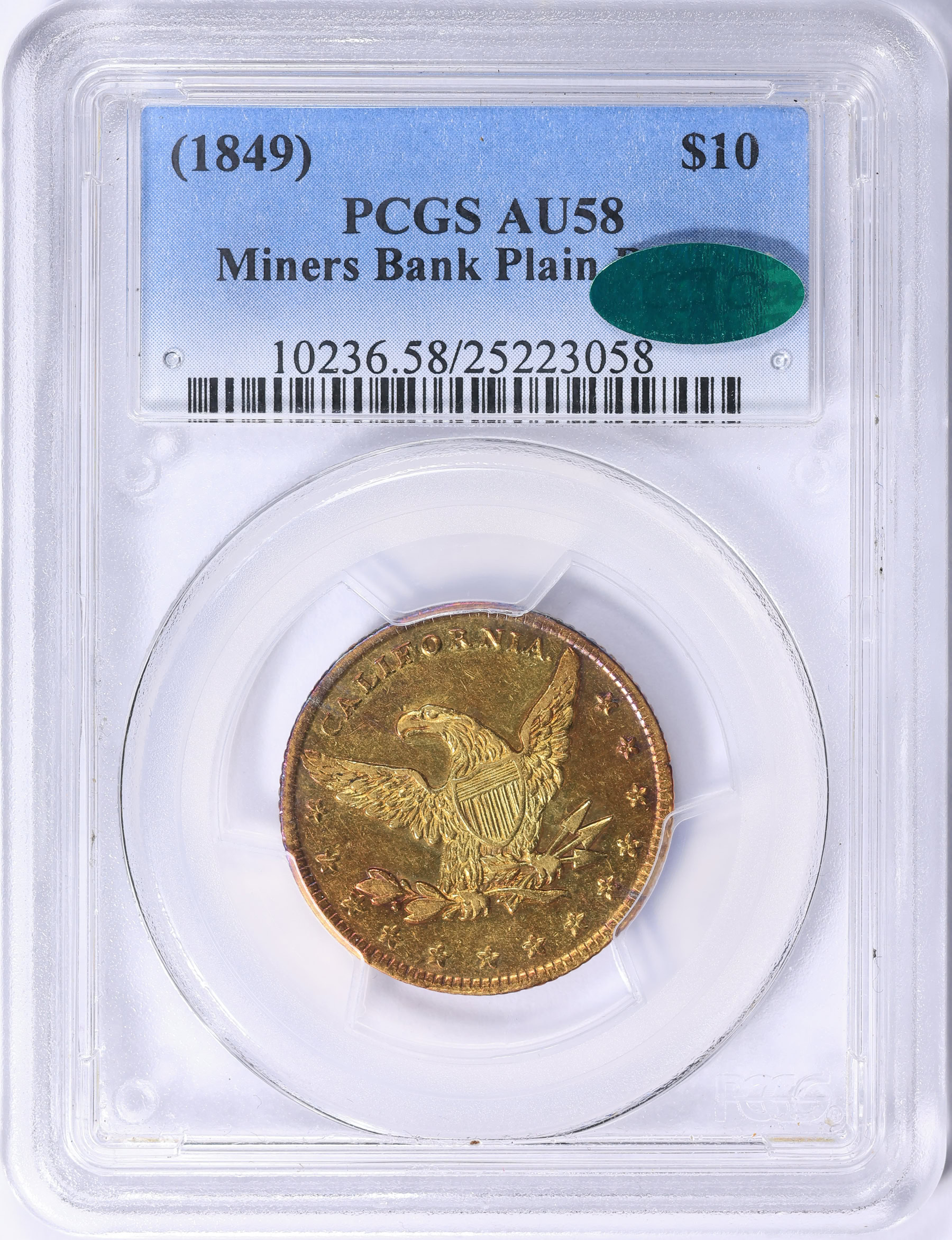 1849) California Gold $10 Ten Dollar Miner's Bank Plain Border