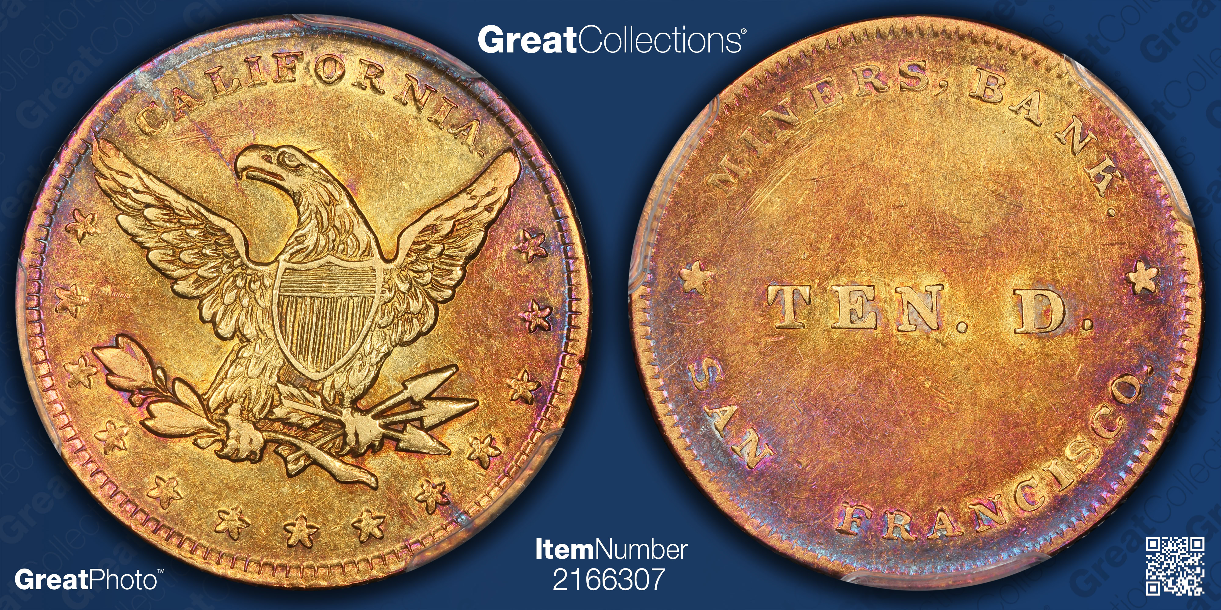 1849) California Gold $10 Ten Dollar Miner's Bank Plain Border