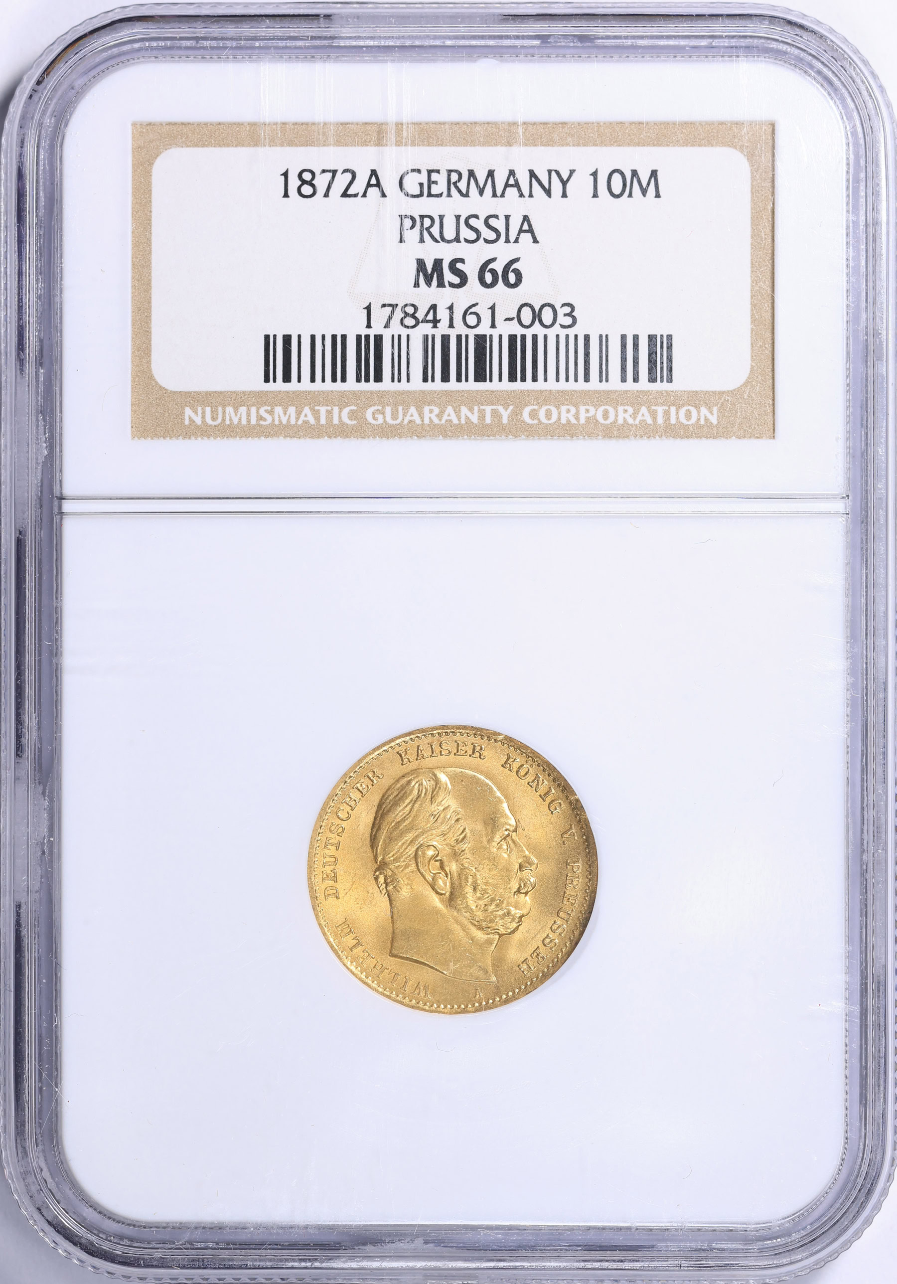 Prussia 1872-A Gold 10 Marks KM-502 NGC MS-66 (AGW = 0.1152 Oz