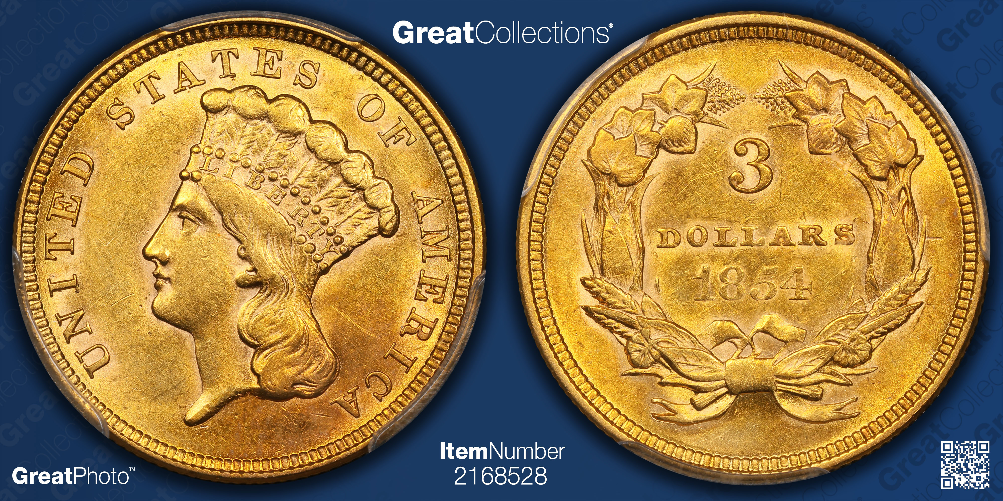 1854 Three-Dollar Gold Piece PCGS AU-58 (Item 2168528