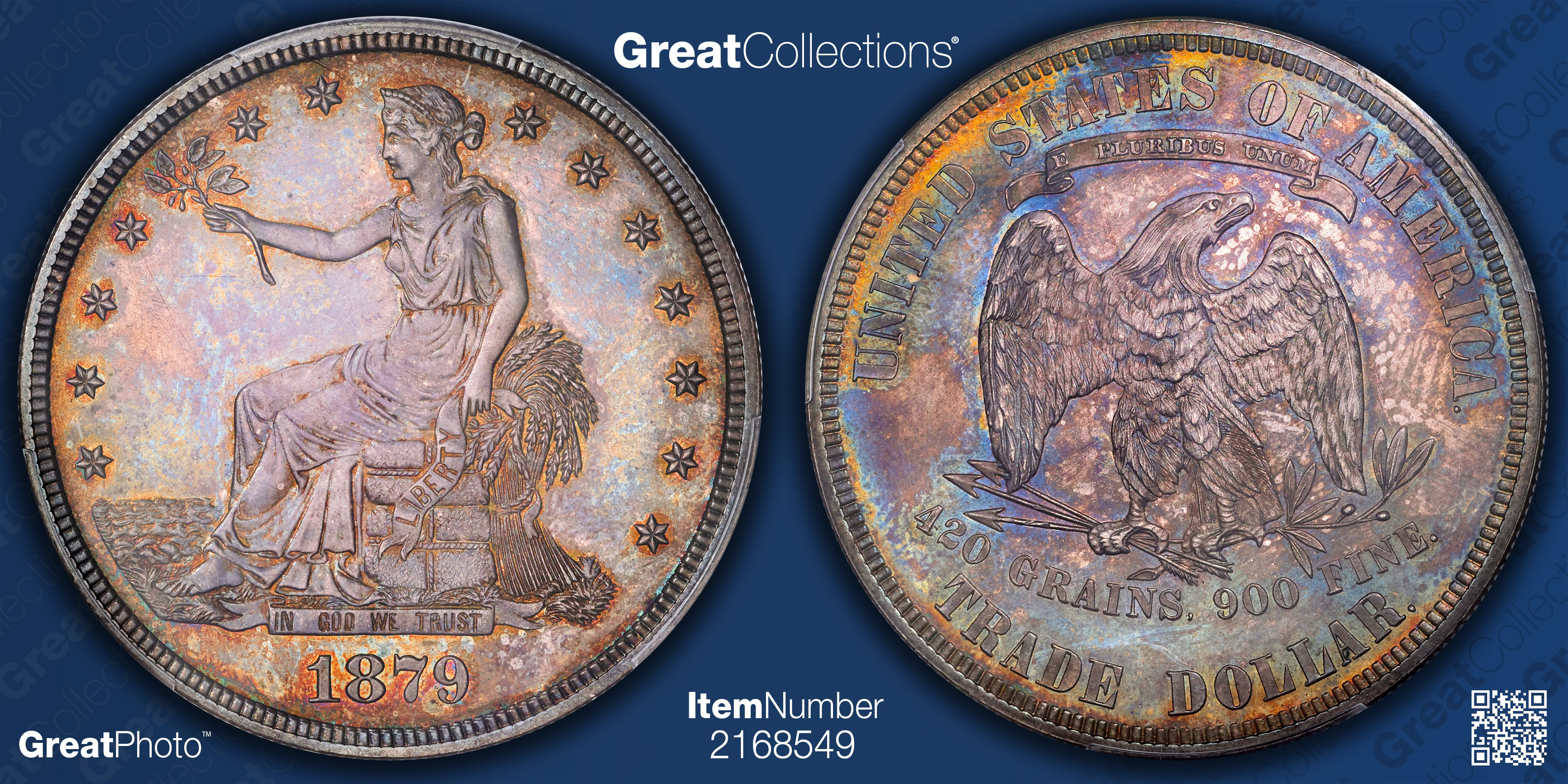 1879 Trade Silver Dollar PCGS Proof-63 (CAC Green) (Toned) (Item
