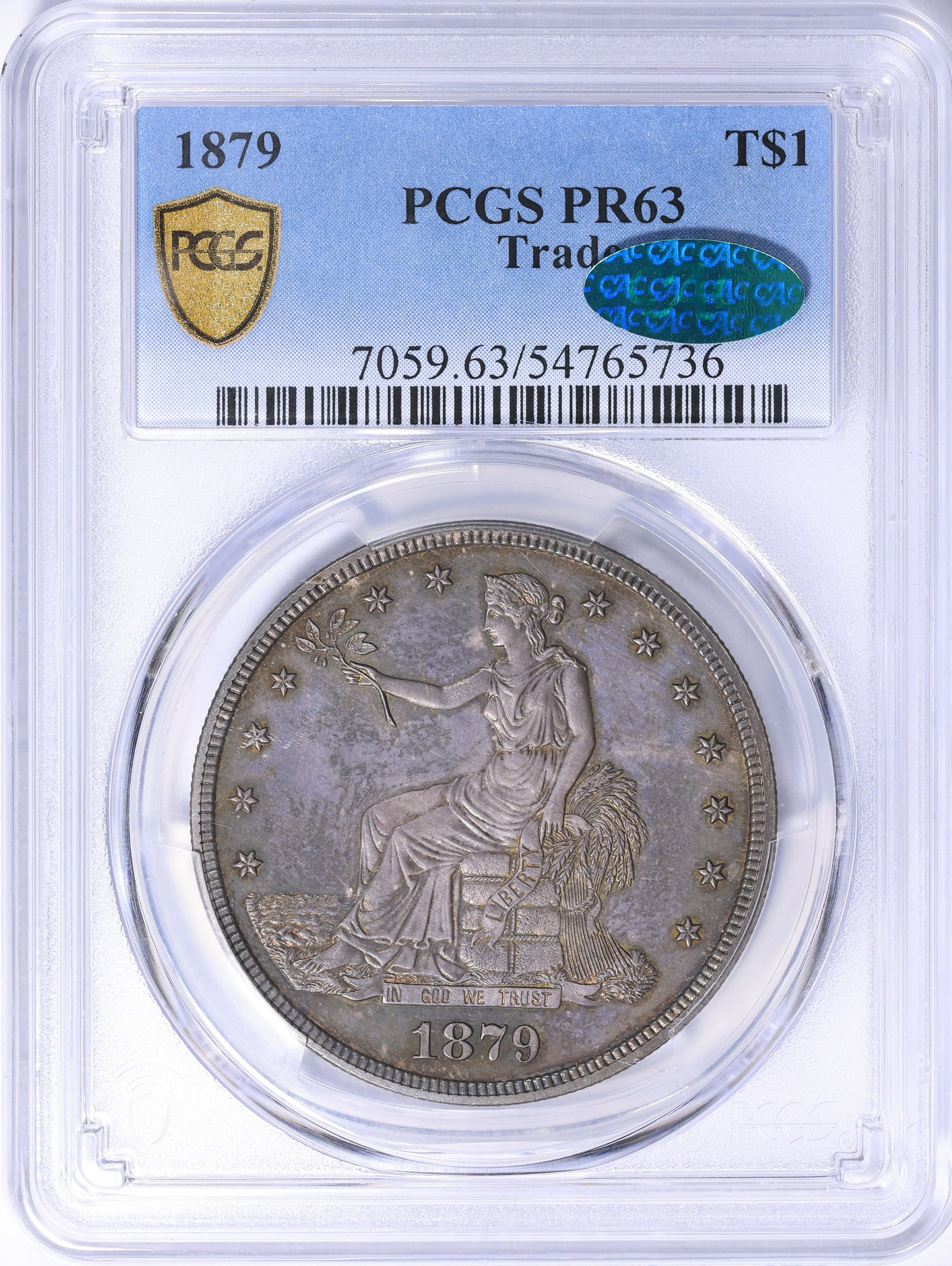 1879 Trade Silver Dollar PCGS Proof-63 (CAC Green) (Toned) (Item