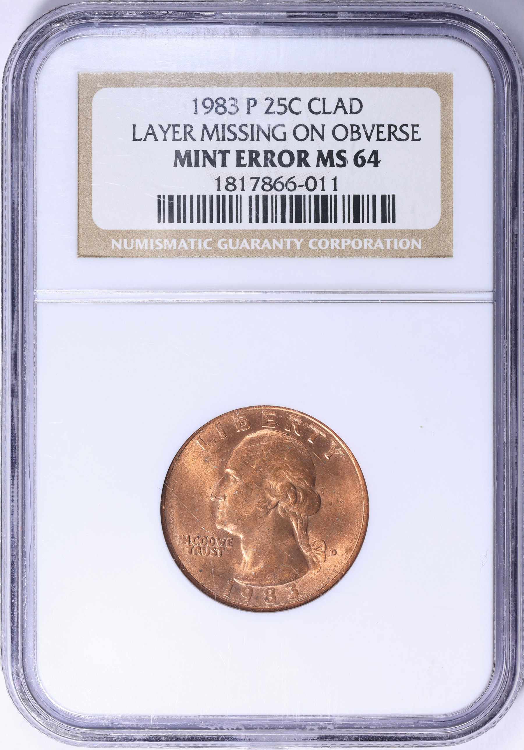 Mint Error 1983-P Washington Quarter Clad Layer Missing on Obverse