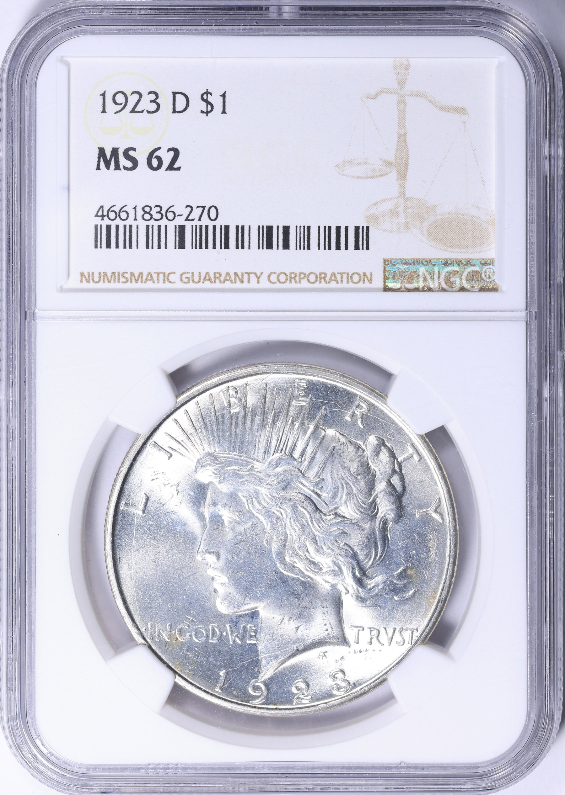 1923年 $1 リバティ 銀貨 MS62 NGC ピースダラー 1923年 リバティ 銀貨