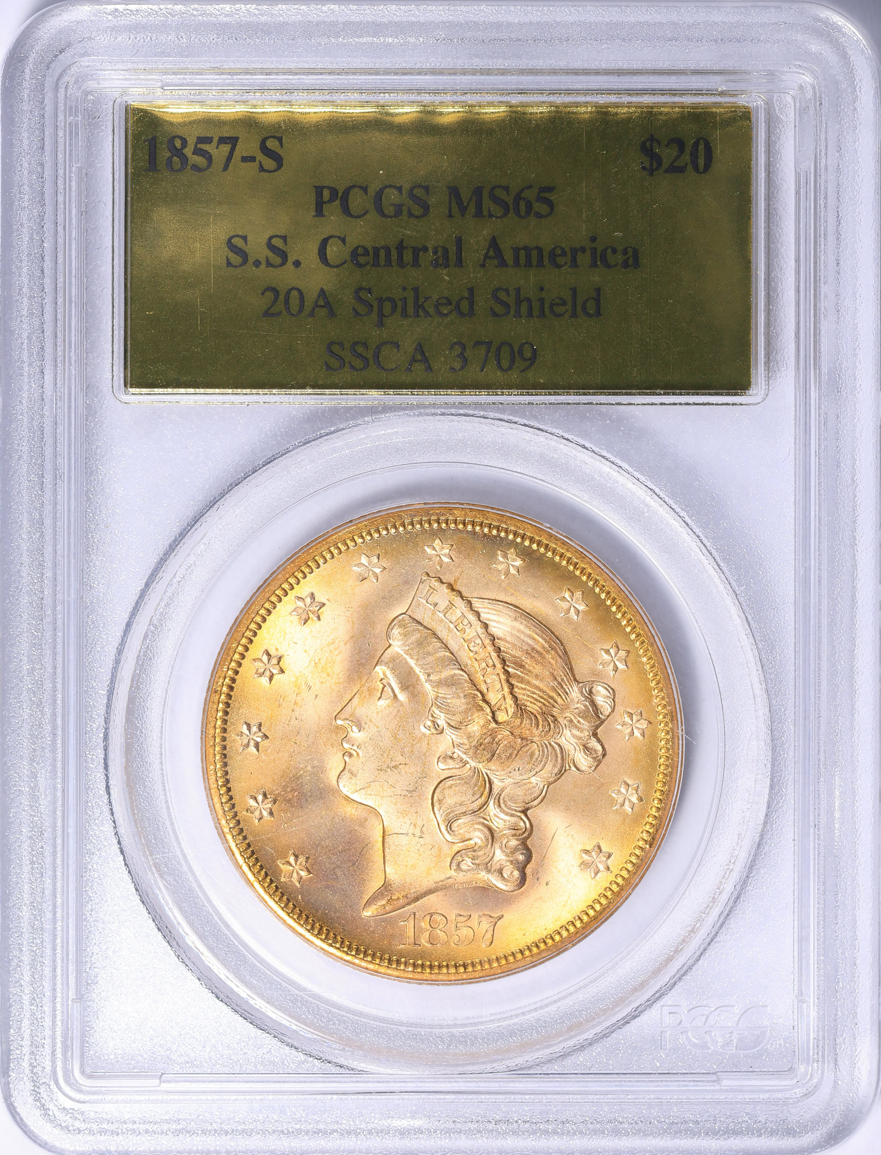 1857-S Liberty Gold Double Eagle 20A Spiked Shield Shipwreck S.S.