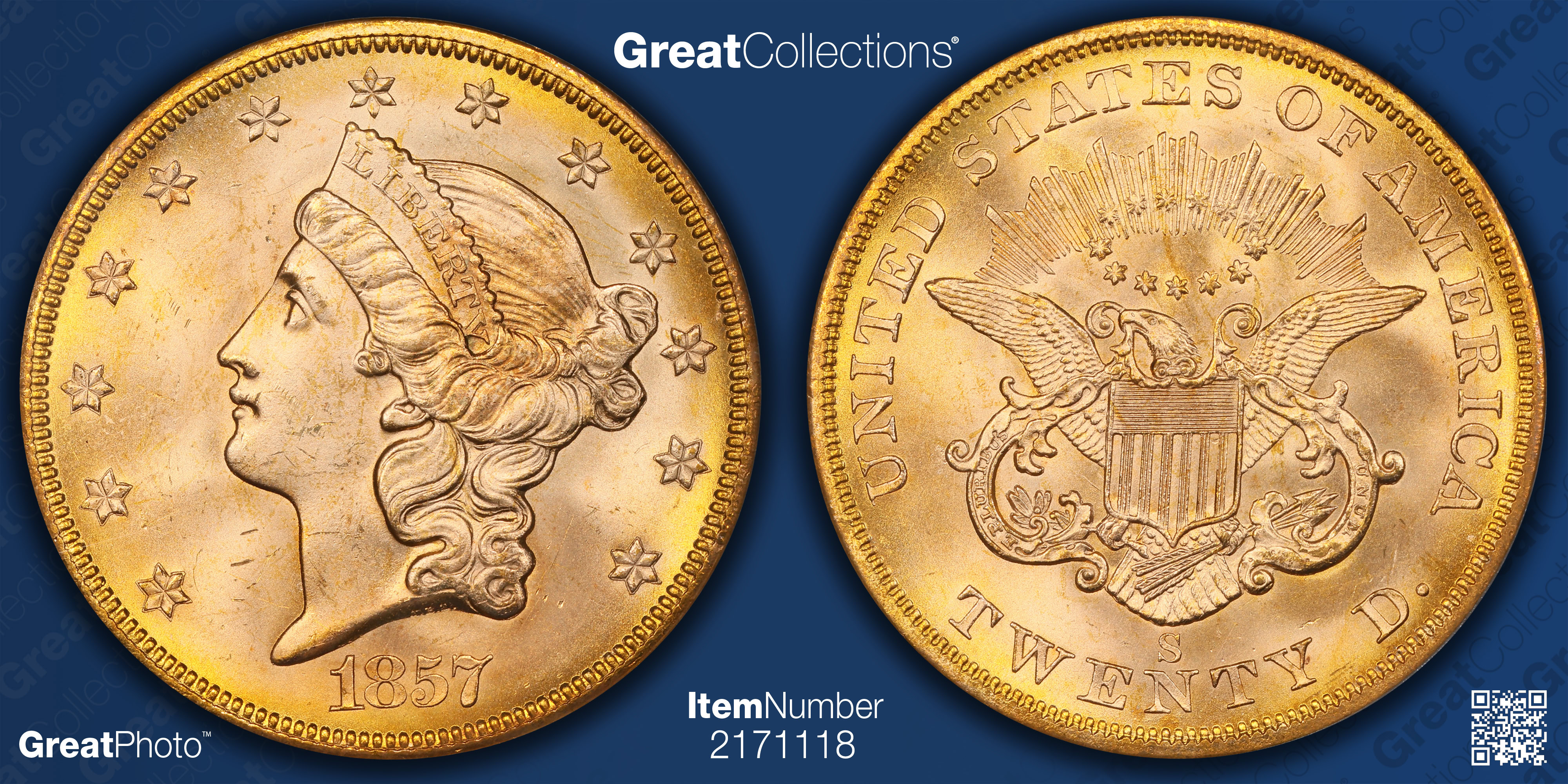 1857-S Liberty Gold Double Eagle 20A Spiked Shield Shipwreck S.S.