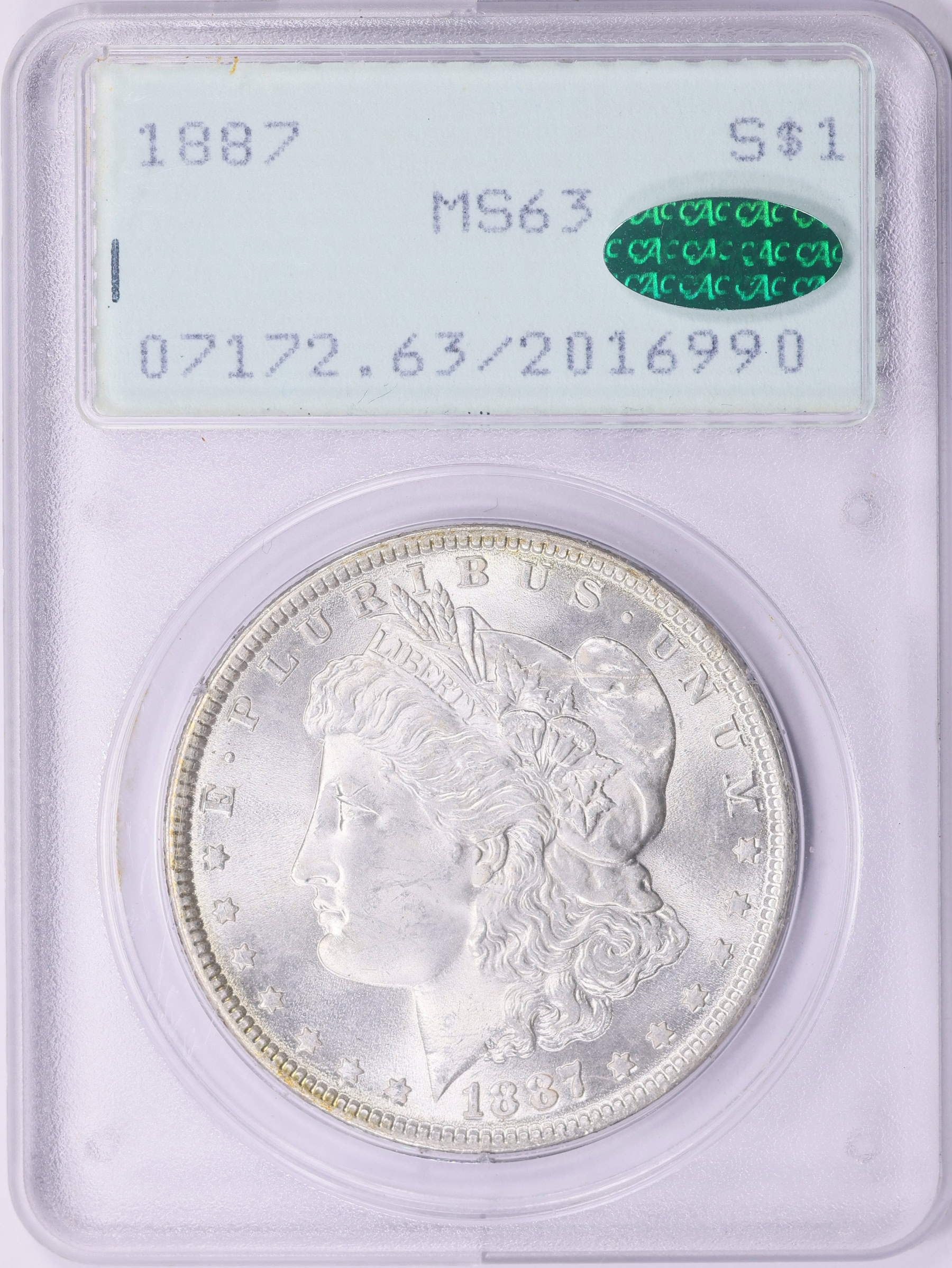 1887 Morgan Silver Dollar PCGS MS-63 (CAC Green) OGH (1st Gen
