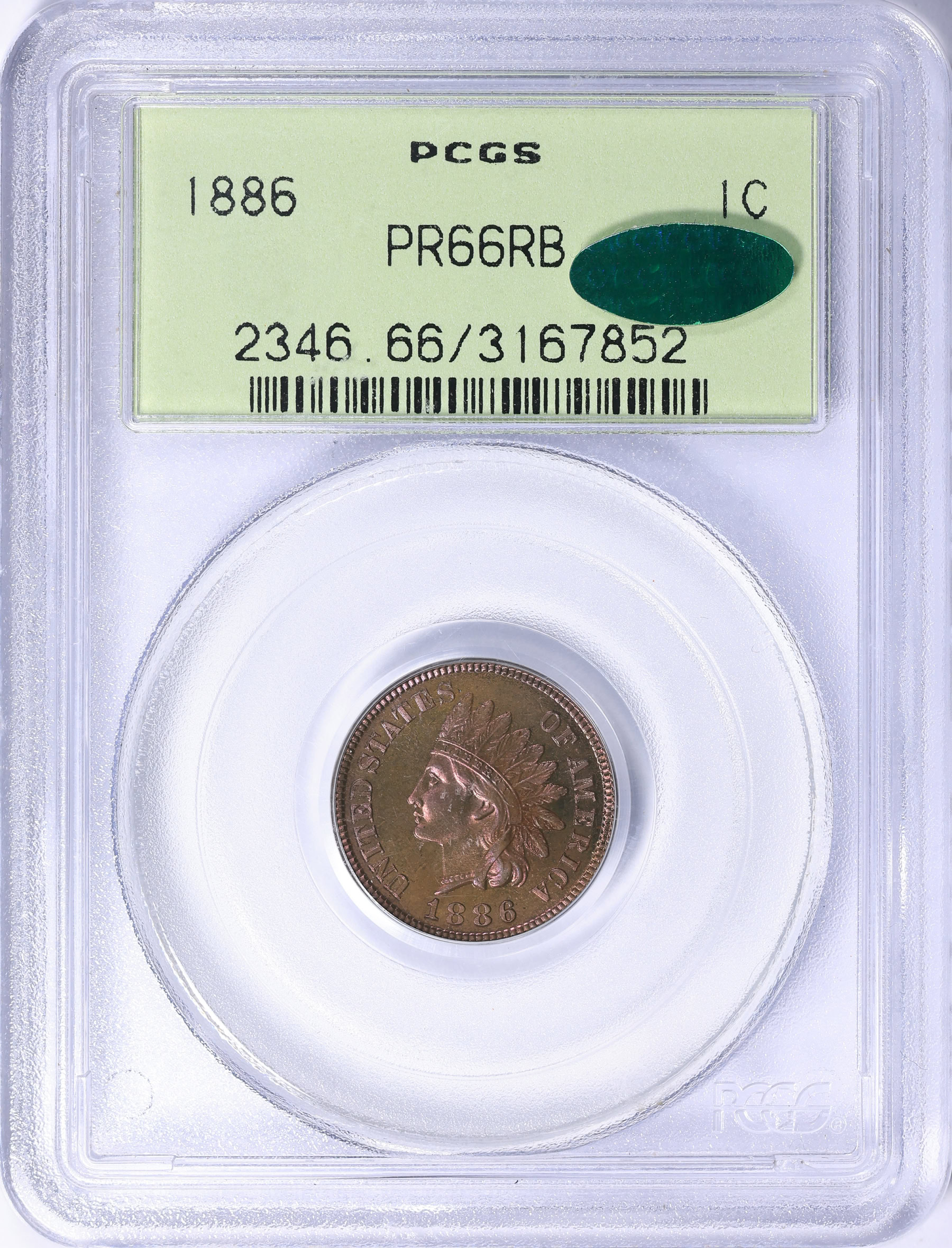 1886 Indian Cent PCGS Proof-66 RB (CAC Green) OGH (Toned) (Item