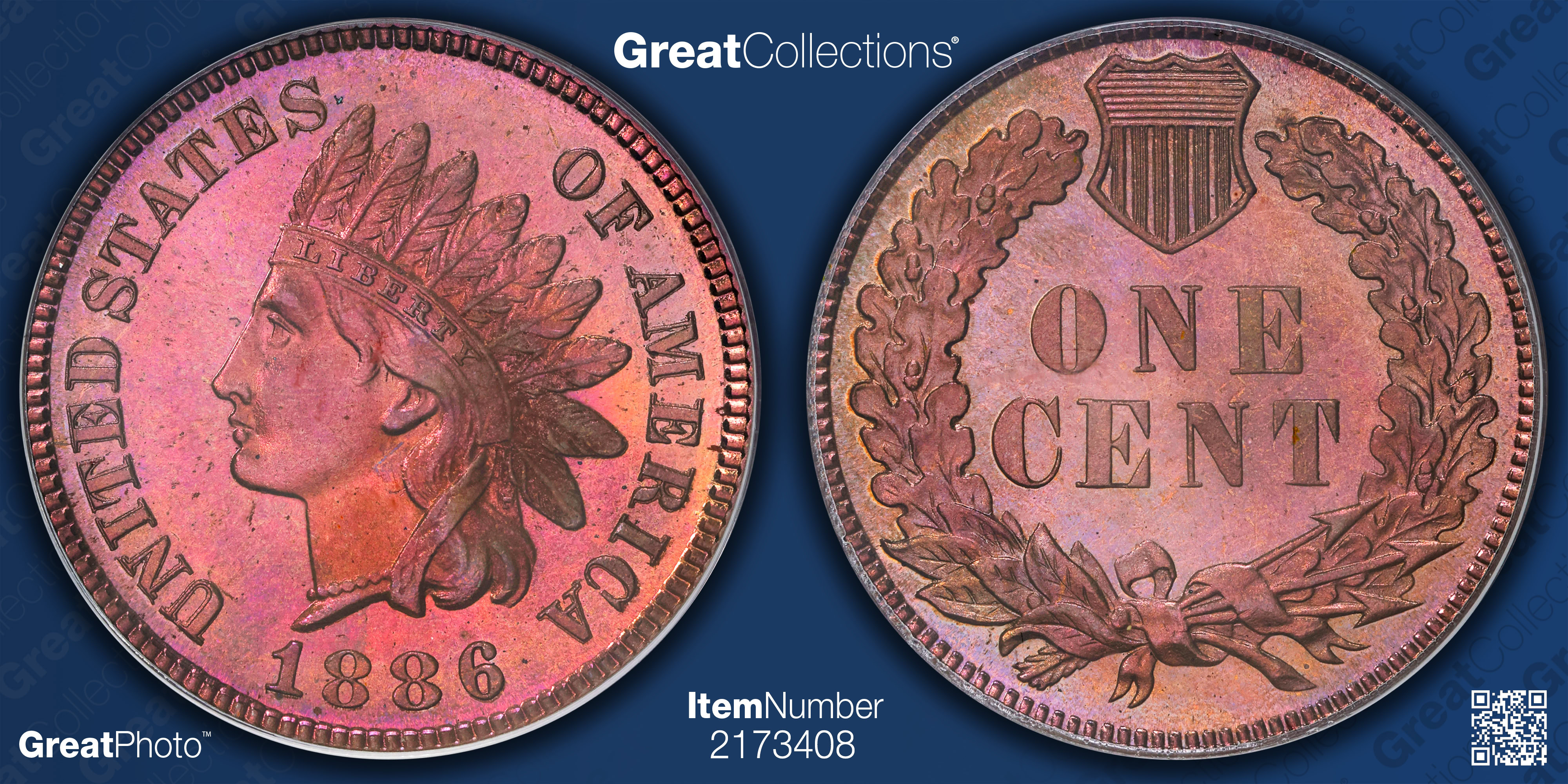1886 Indian Cent PCGS Proof-66 RB (CAC Green) OGH (Toned) (Item