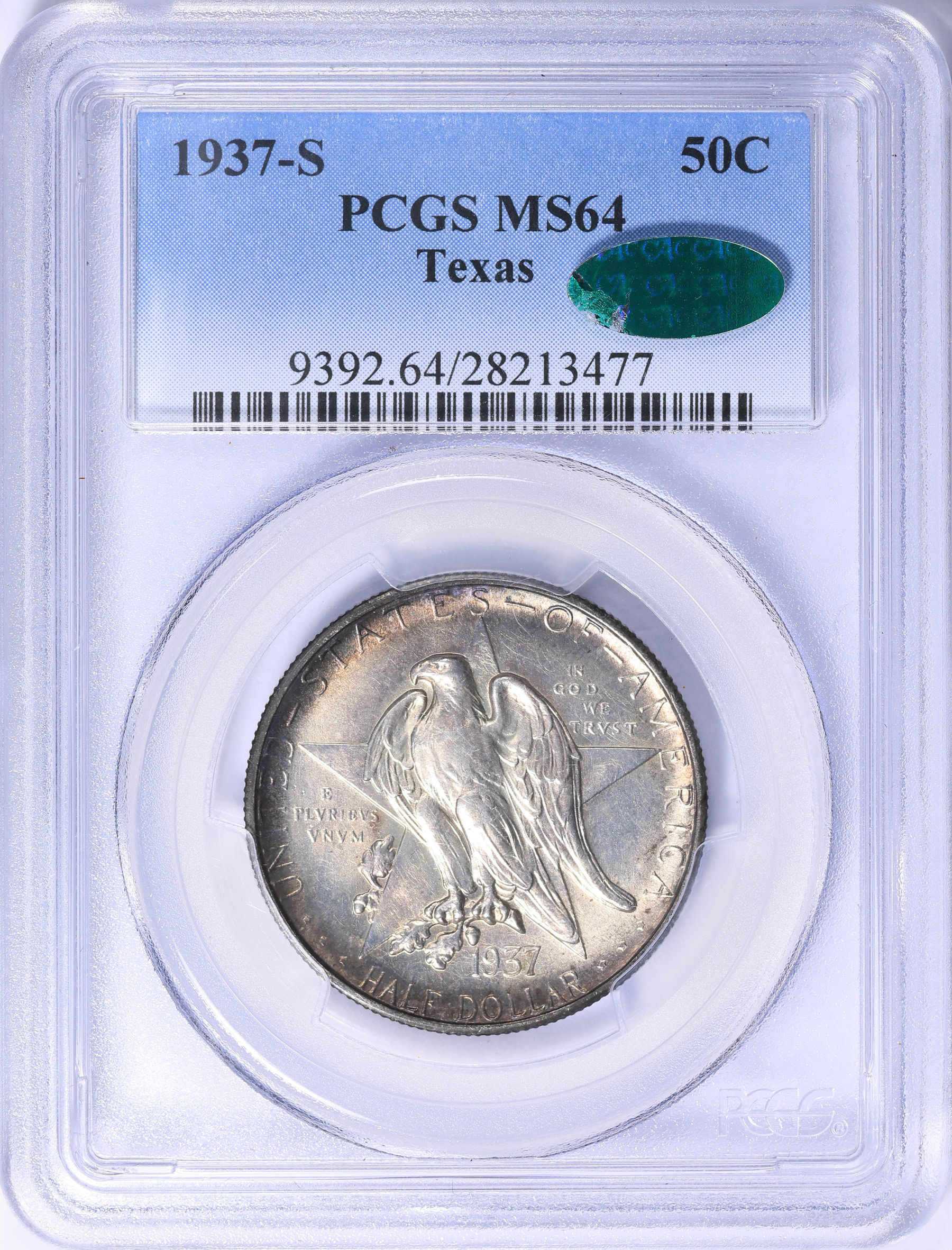 1937-S Texas Centennial Half Dollar PCGS MS-64 (CAC Green) (Toned