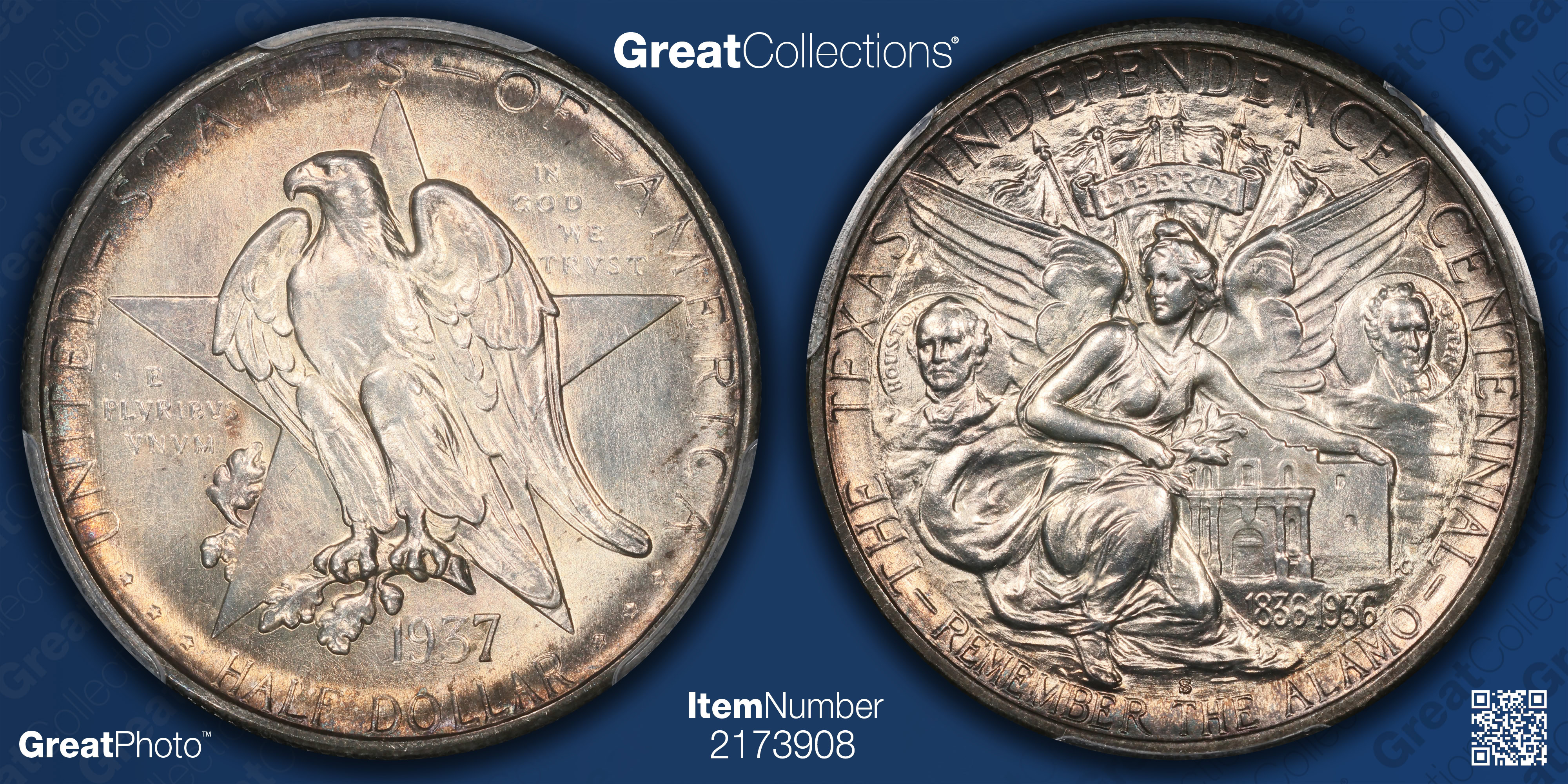 1937-S Texas Centennial Half Dollar PCGS MS-64 (CAC Green) (Toned