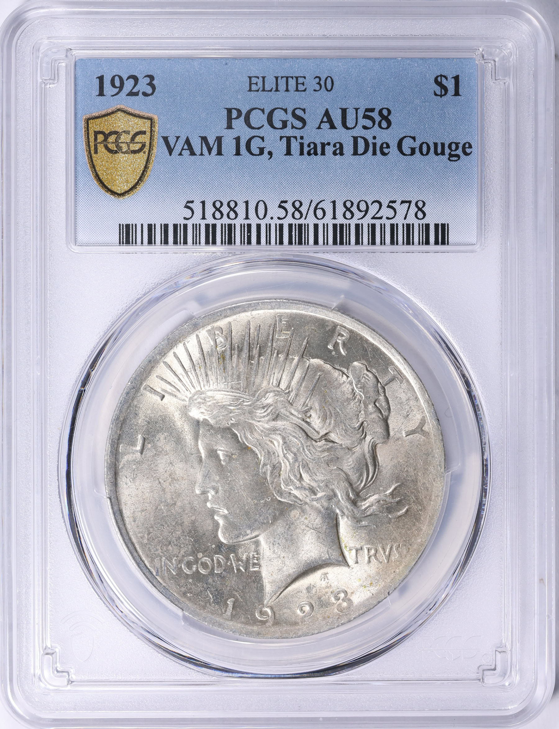 NGC-AU58 アメリカ合衆国　1923 ピースダラー　銀貨　フィラデルフィア 1923 Peace Silver Dollar Tiara Die Gouge VAM-1G PCGS AU-58 (Item