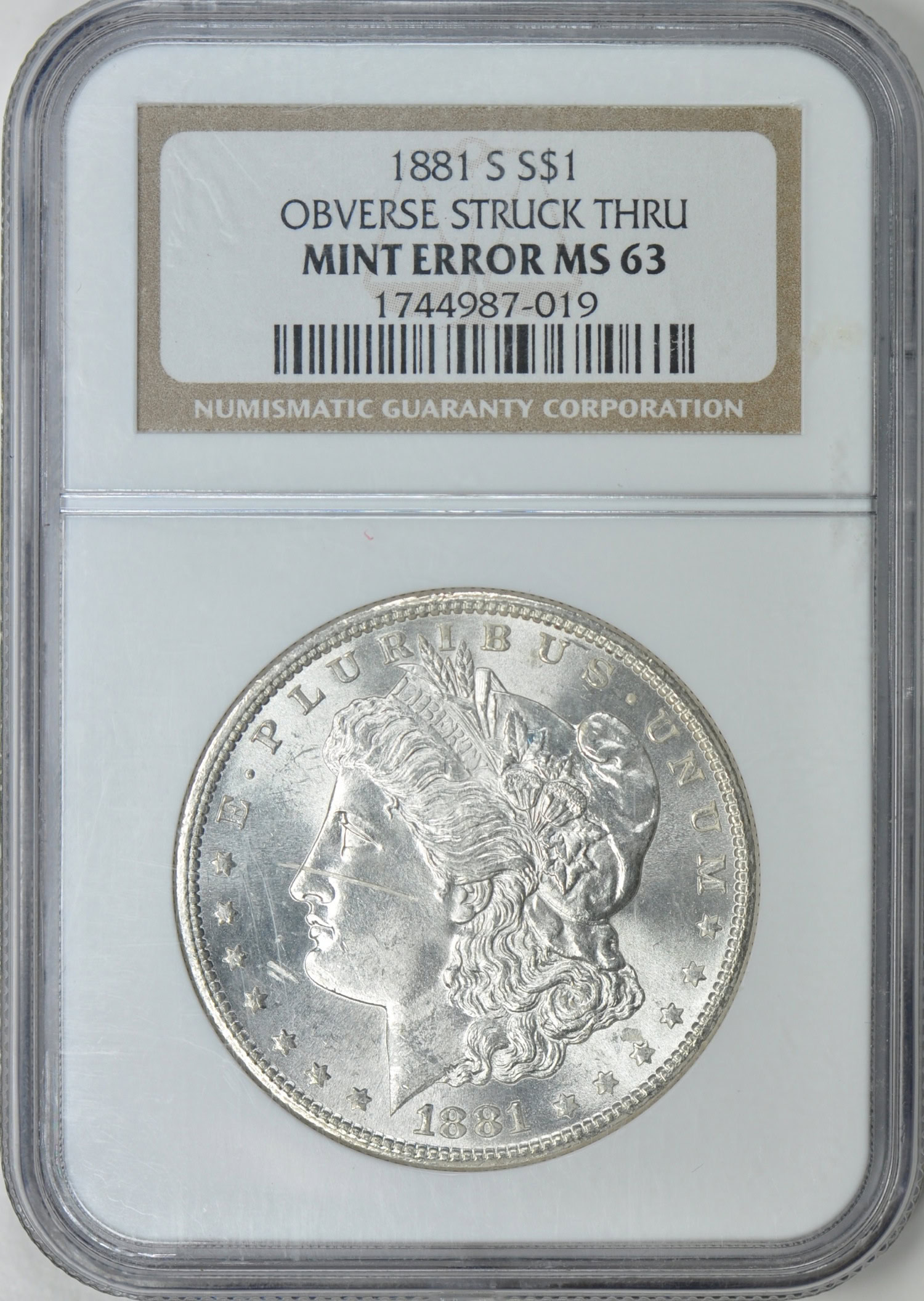 Mint Error 1881-S Morgan Silver Dollar Obverse Struck