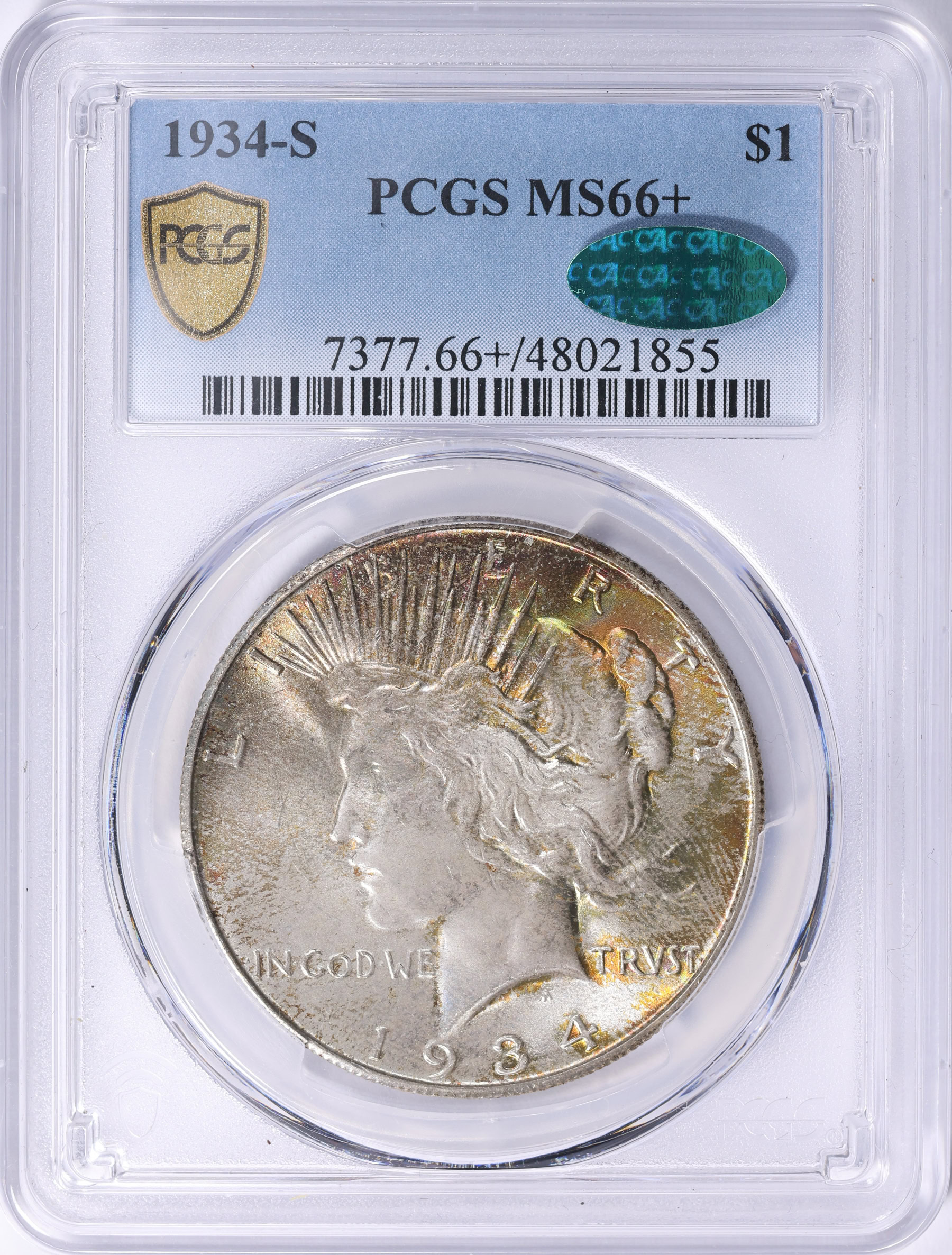 1934-S Peace Silver Dollar PCGS MS-66+ (CAC Green) (Toned) (Item
