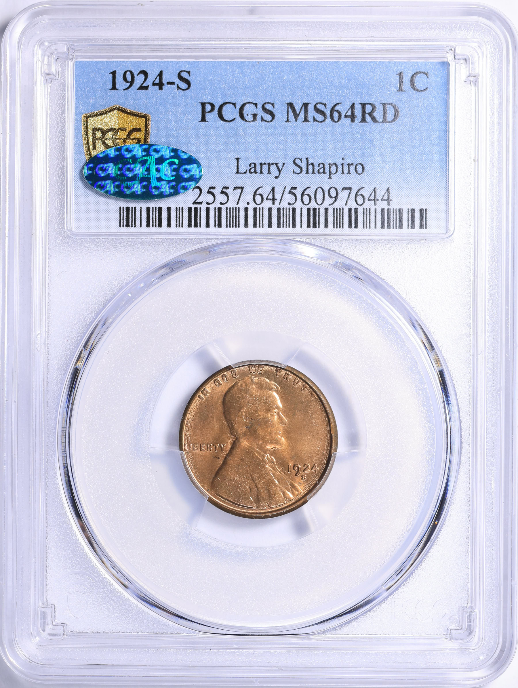 1924-S Lincoln Cent PCGS MS-64 RD (CAC Green) (Larry Shapiro