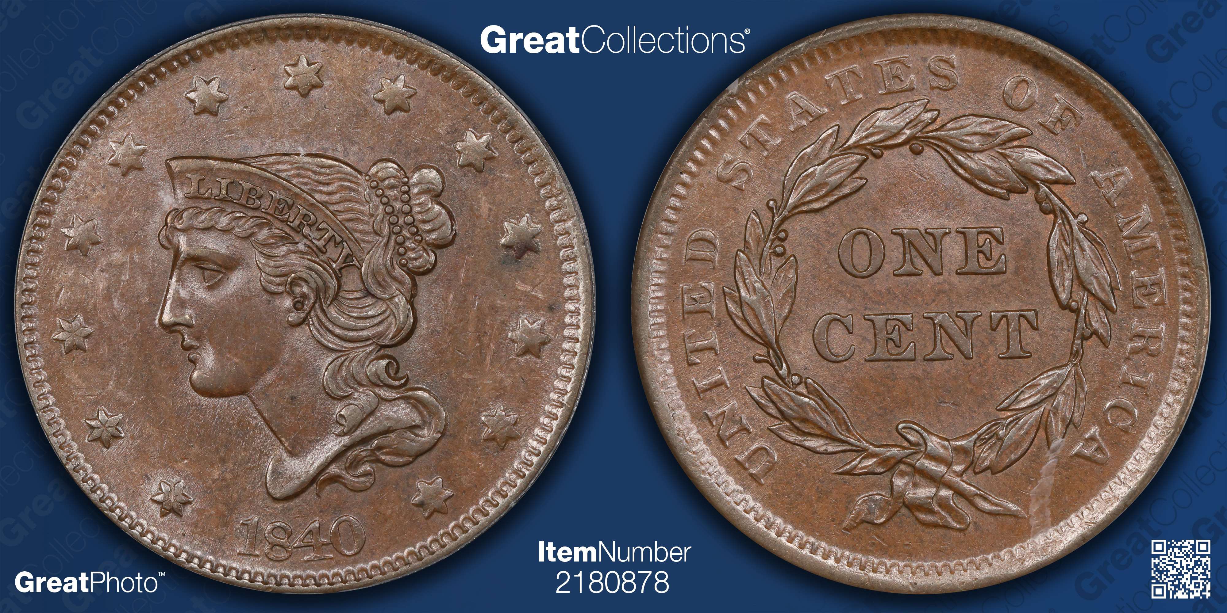 1840 Braided Hair Cent Large Date ICG MS-61 BN (Item 2180878