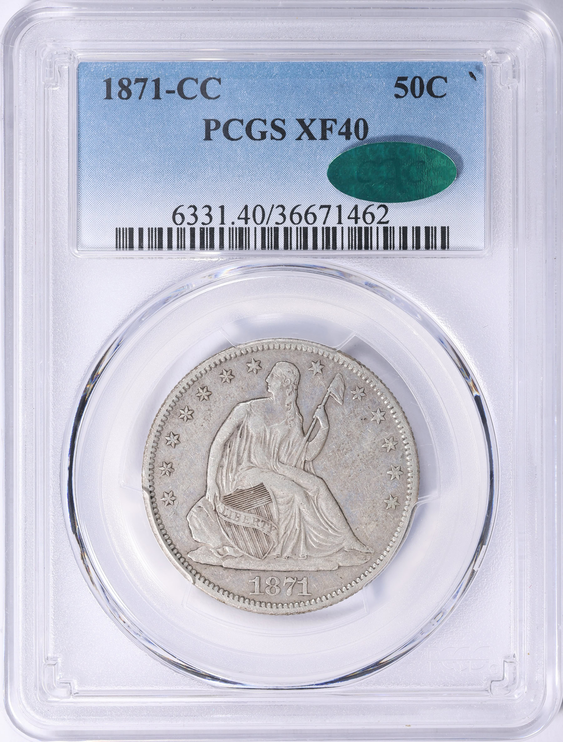 1871-CC Seated Liberty Half Dollar PCGS XF-40 (CAC Green) (Item